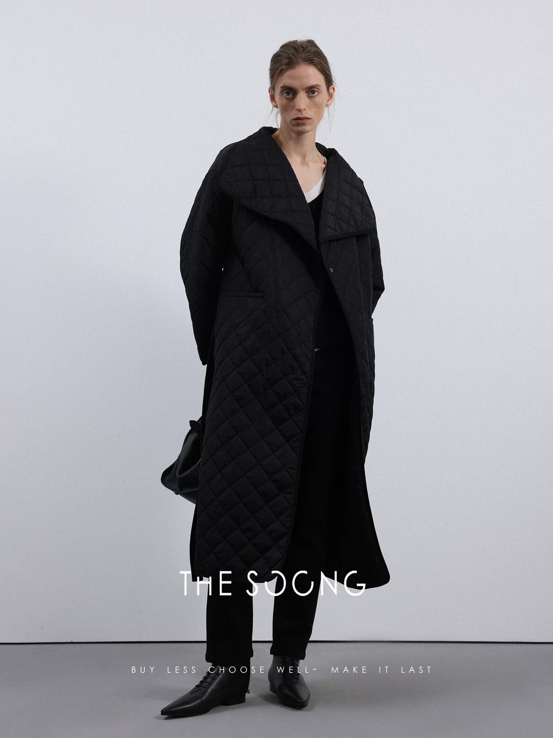 [Clearance] TT Home Minimalist Linear Classic Quilted Cotton Jacket Autumn/Winter Warm Versatile Black Long Coat