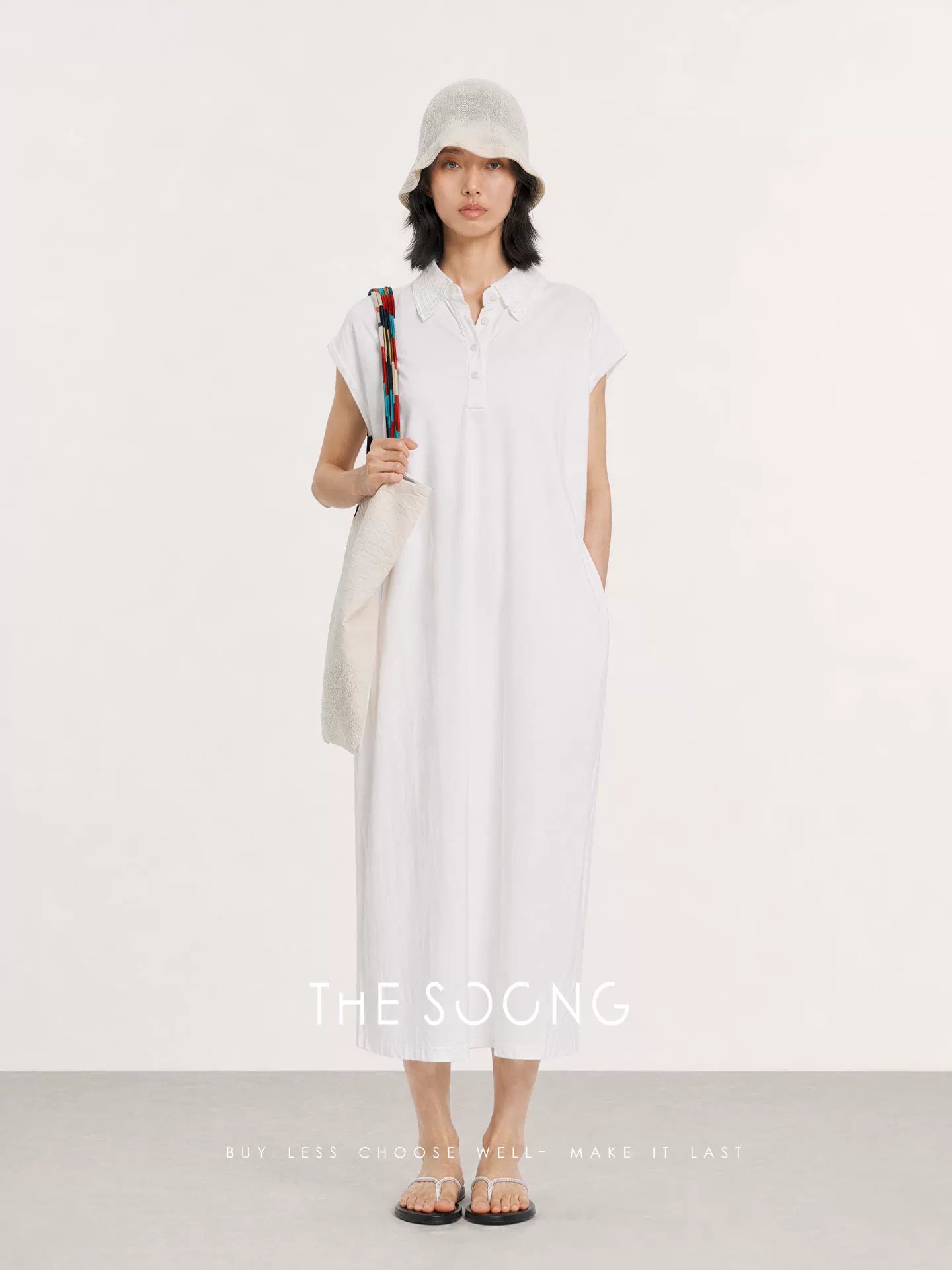 THESOONG/270g Pure Cotton Crochet Polo Collar Simple Dress for Women, Straight Loose Slim Fit HWQZ9330