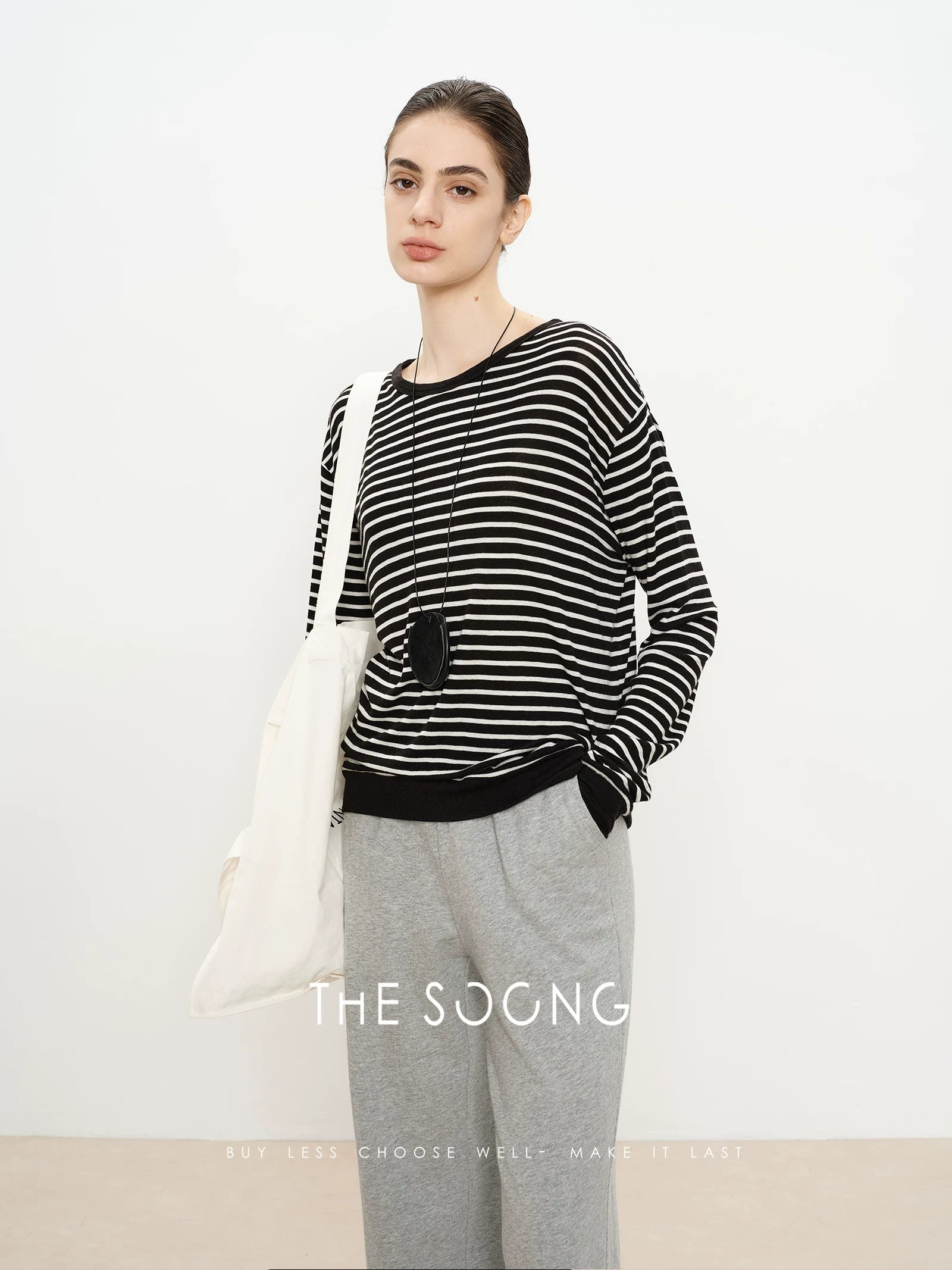 THESOONG/Line Aesthetics Zebra Stripe High-Weave Tencel Wool Summer Thin Long Sleeve Round Neck T-Shirt 2946