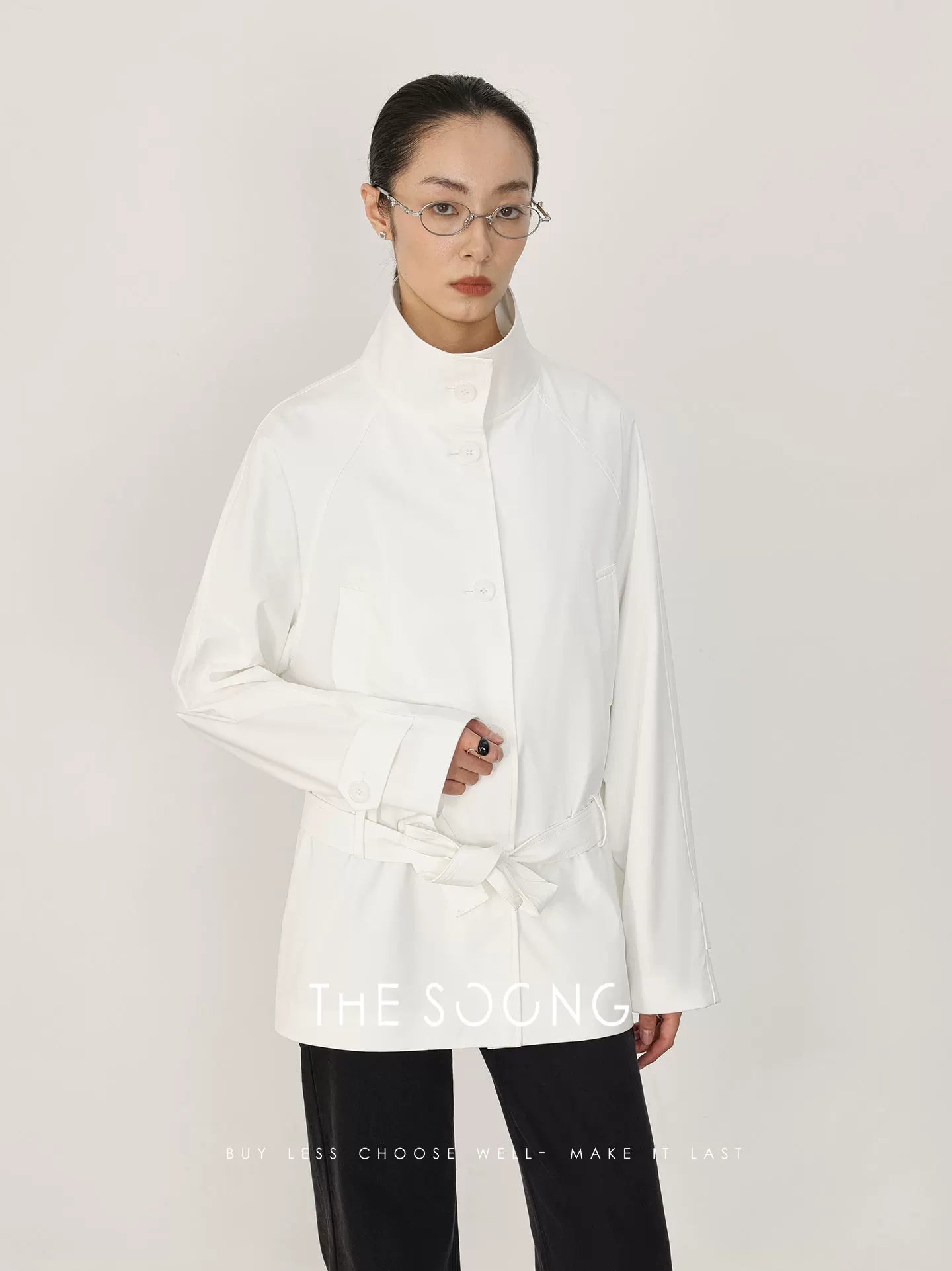 THESOONG/Early Spring New Minimalist Style Line-Sense Stand Collar Adjustable Waist Trench Coat HWWT8644