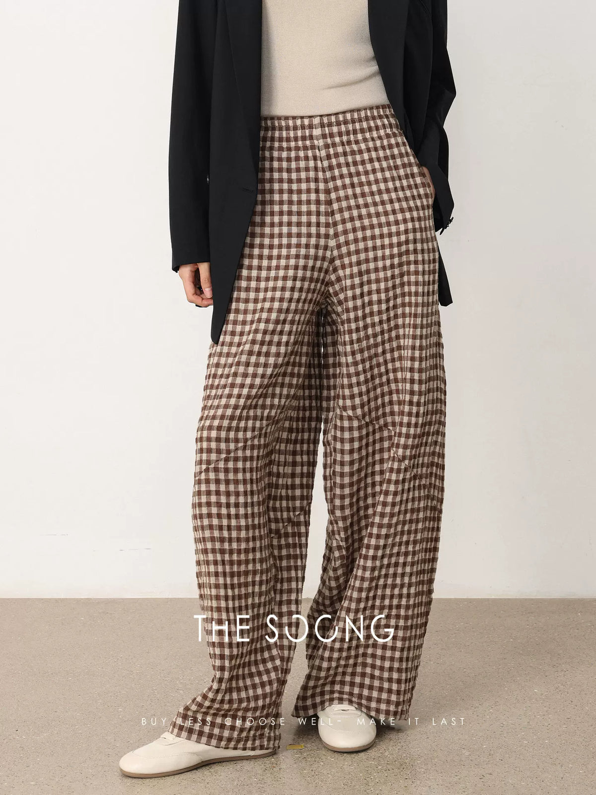 THESOONG/Artistic Plaid Casual Linen Straight Leg Pants Women's Artistic Long Pants Spring HBKZ8562