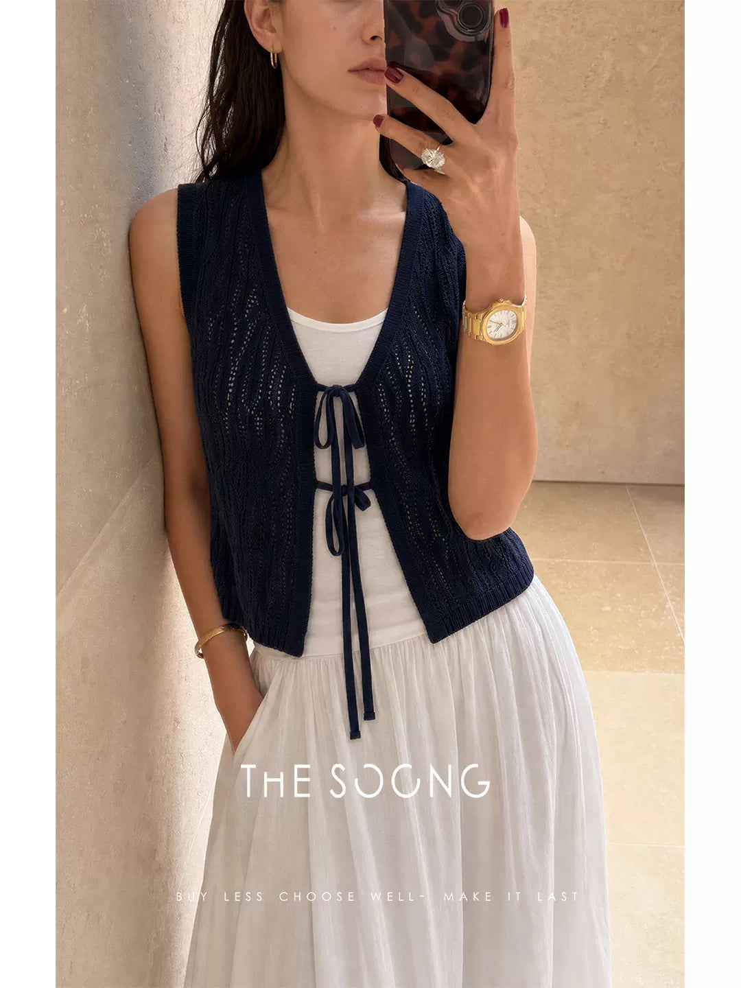 THESOONG / Island Stroll Breathable Skin-Friendly Navy Solid Loose Layered Knit Vest 9156