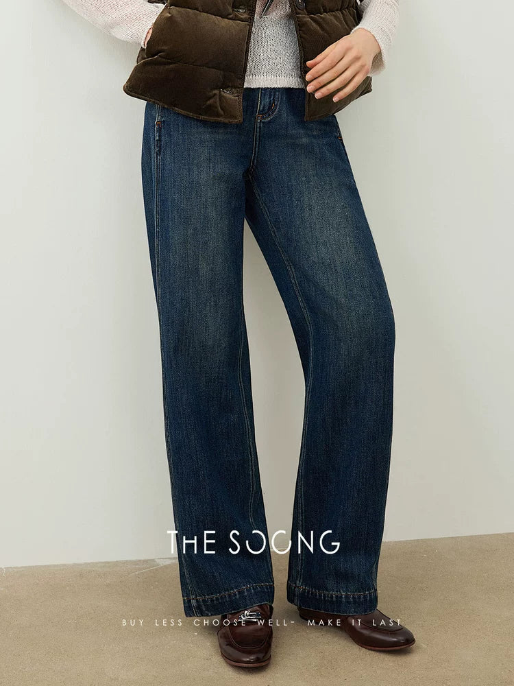 THESOONG/Vintage Non-Stretch Curved Knife Jeans for Women, Loose Fit, Distressed, Anti-wrinkle, Wear-Resistant Long Pants HWNZ7582