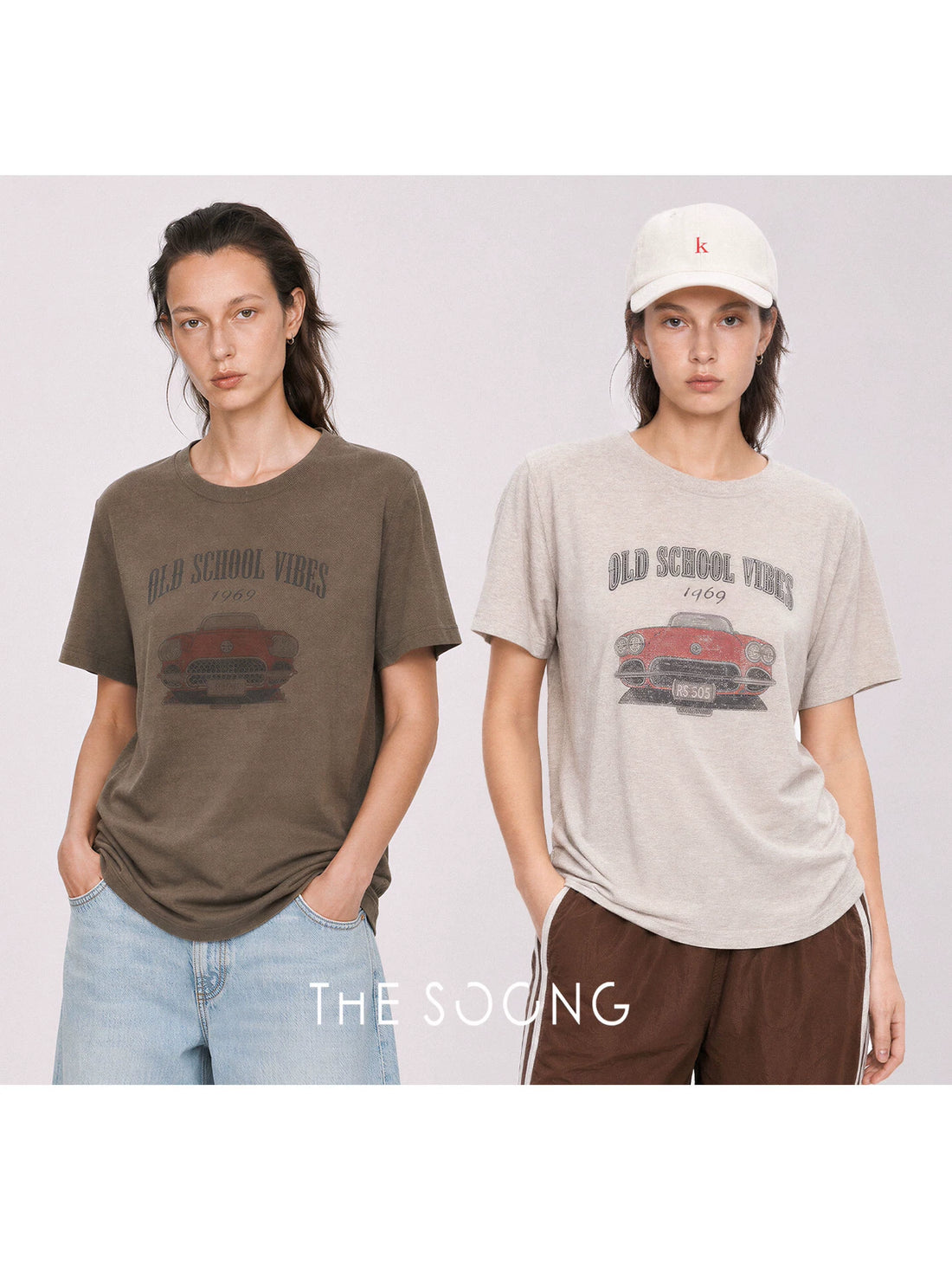 THESOONG/Linen breeze vintage car print breathable slim versatile short-sleeve T-shirt for women 9201