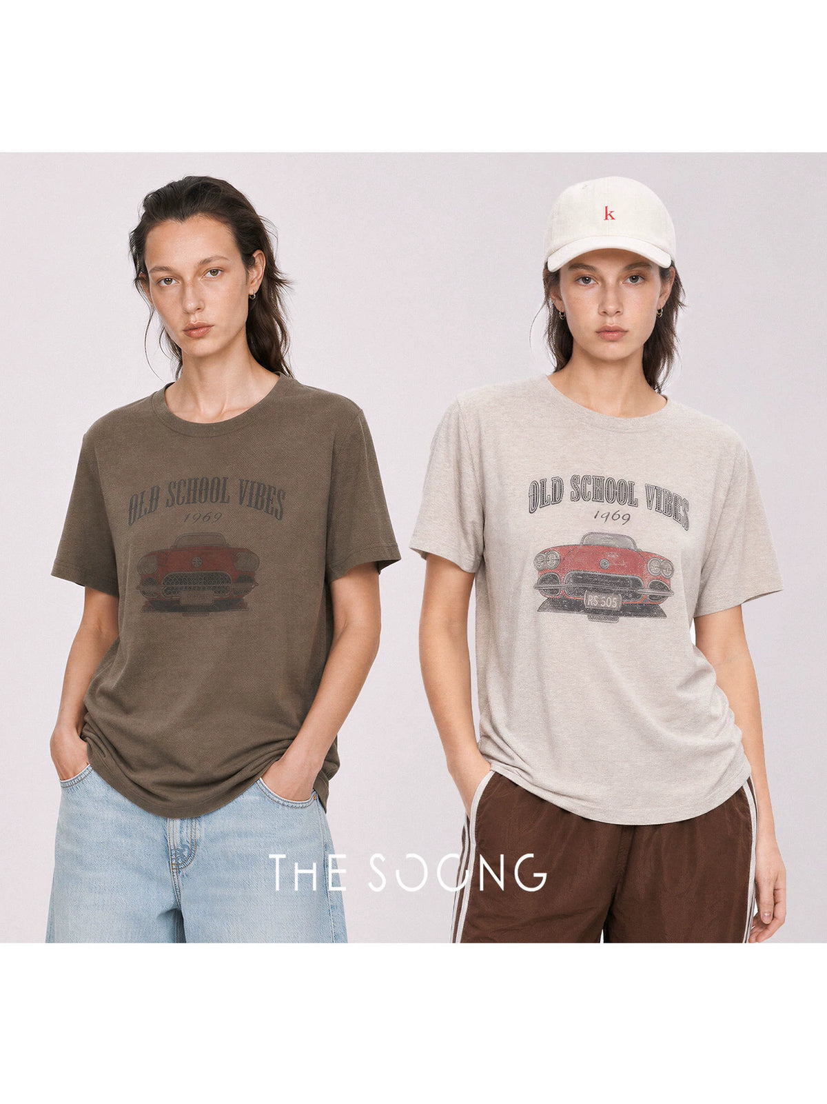 THESOONG/Linen breeze vintage car print breathable slim versatile short-sleeve T-shirt for women 9201