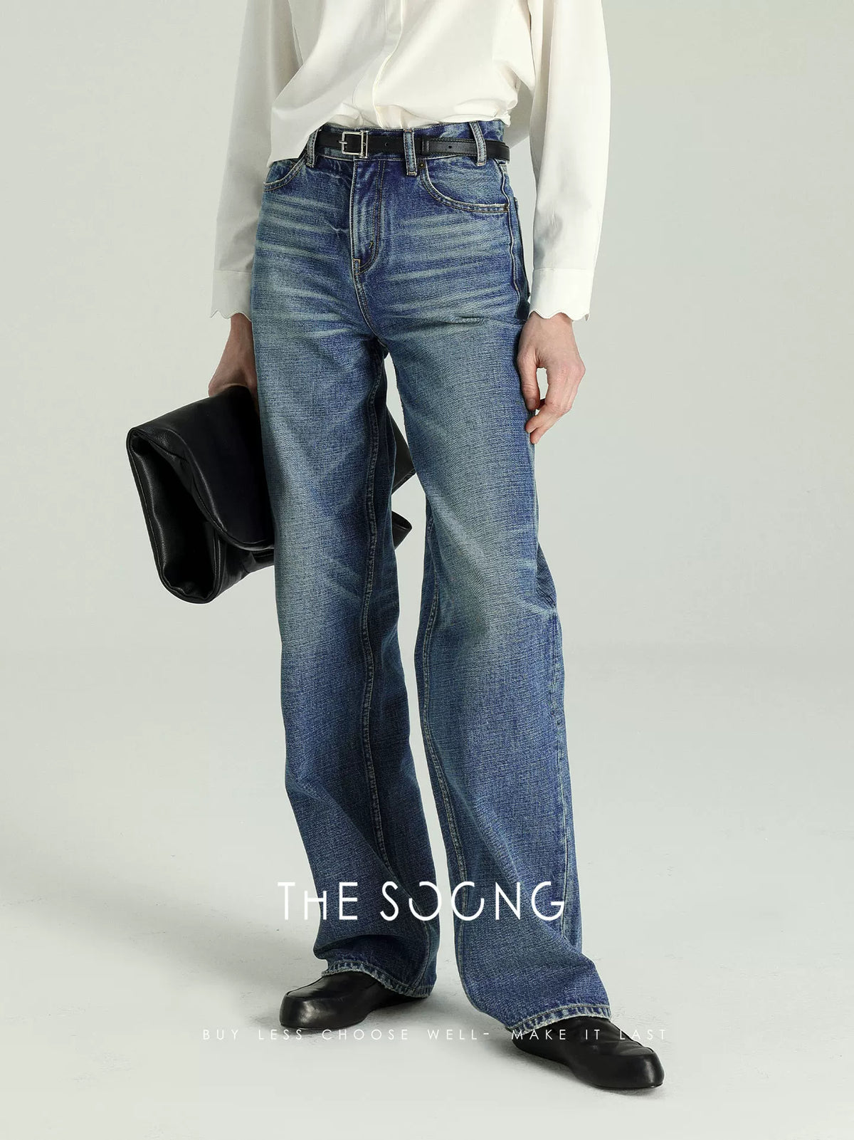 THESOONG/C Brand Classic Hand-Brushed Cat Whisker Mid-High Waist Slimming Zipper New Straight-Leg Jeans for Women 6345