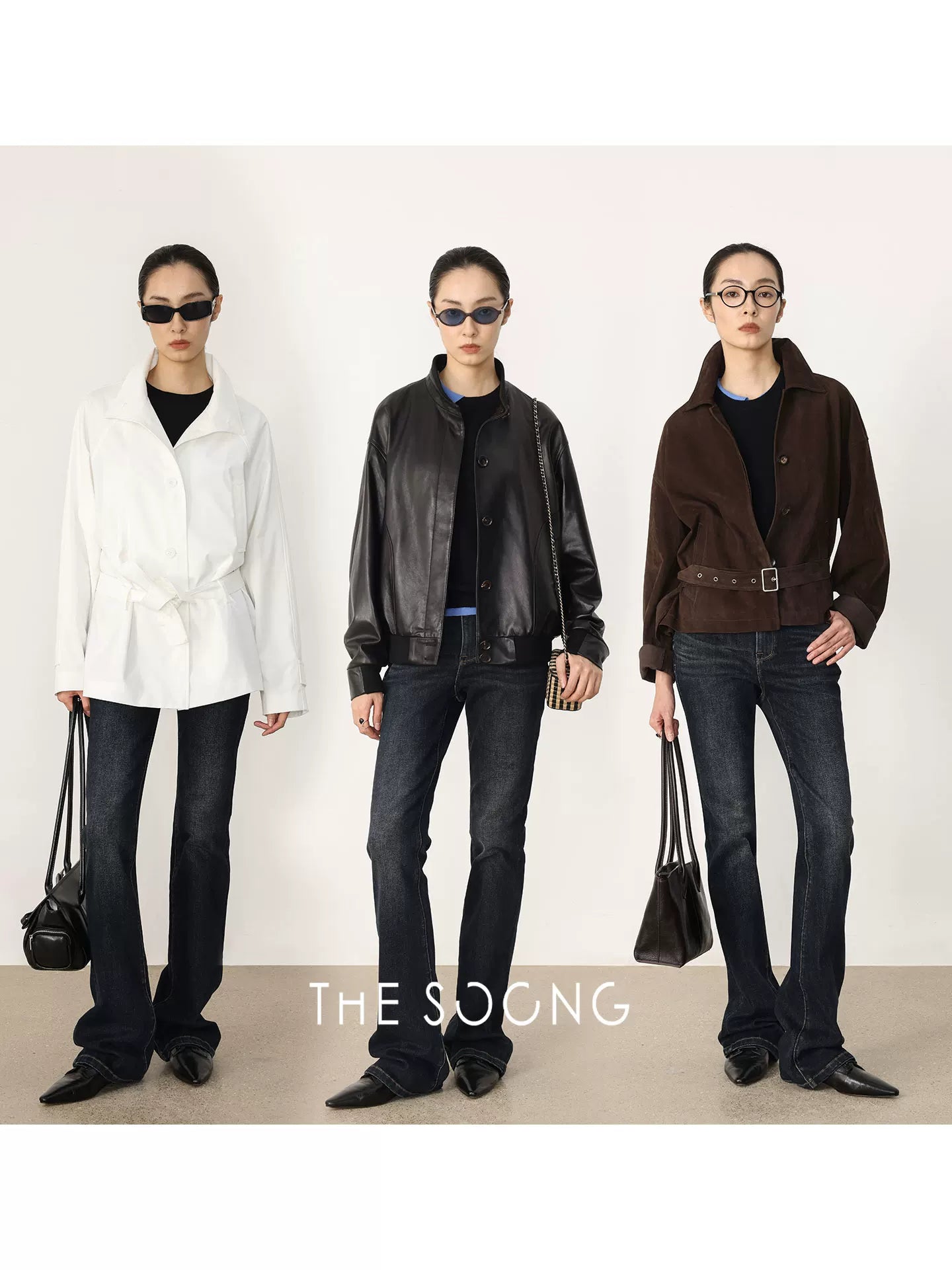 THESOONG/Everlasting Retro Sandwashed Line Sense Mid-Waist Stretch Flared Denim Jeans for Women 7077