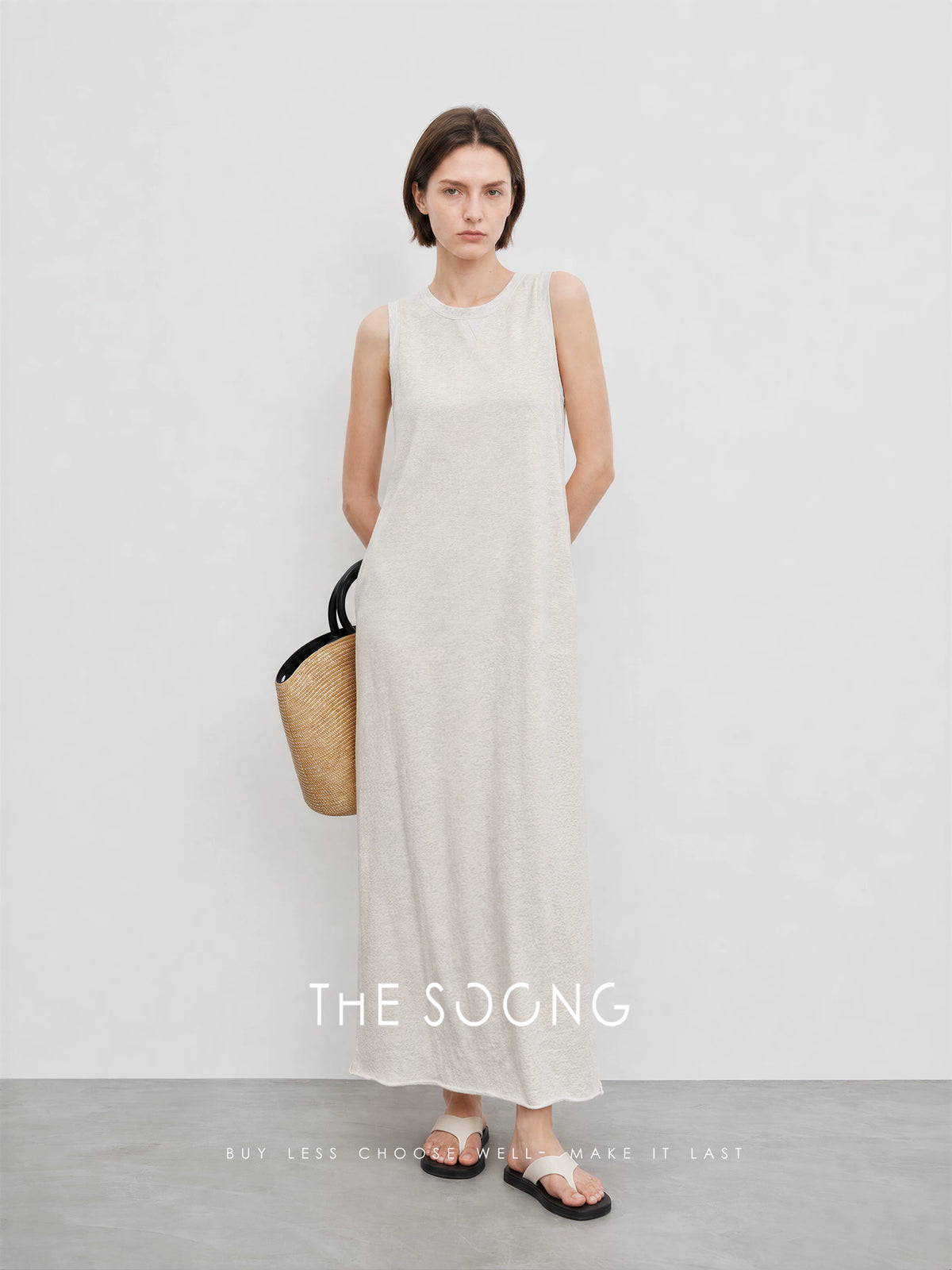 THESOONG / 280G cotton sleeveless vest dress for women, summer long straight slim-fit dress with slit HWQZ9328