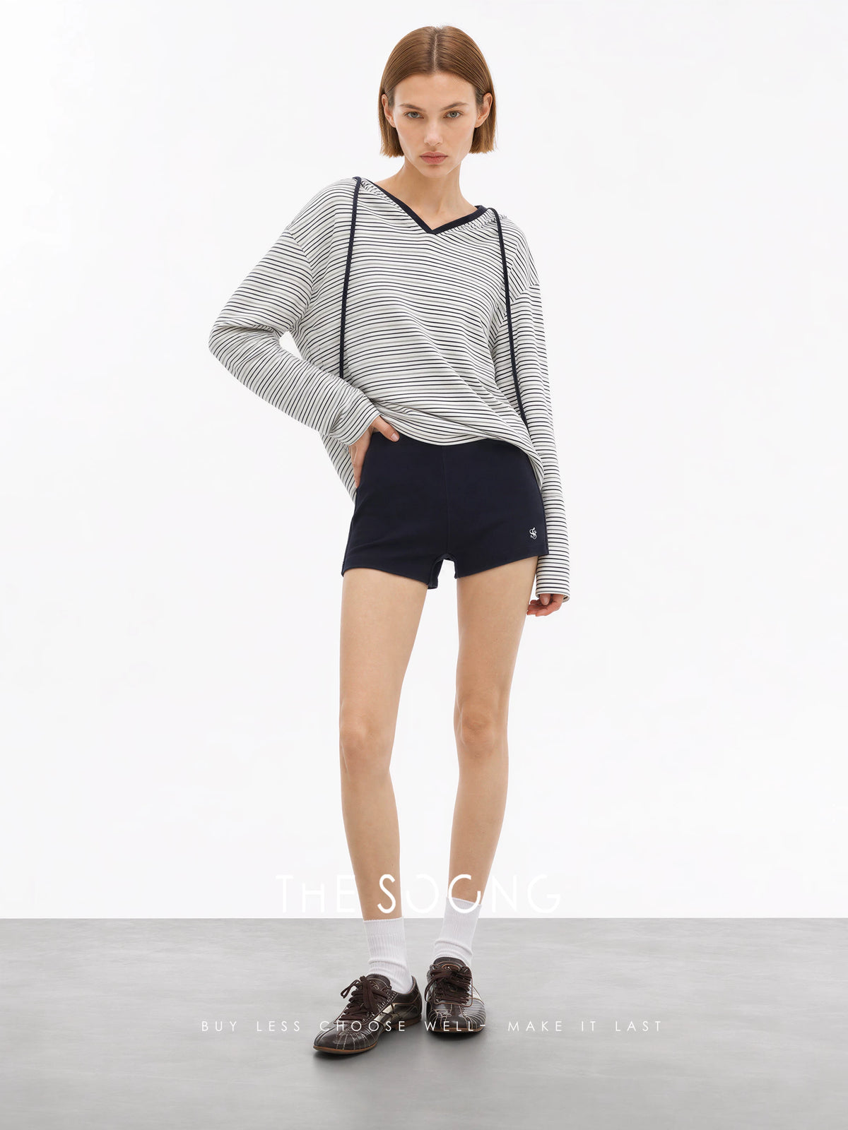 THESOONG/Soft washed skin-friendly cotton blend contrasting stripe hooded long sleeve top HBWY8224