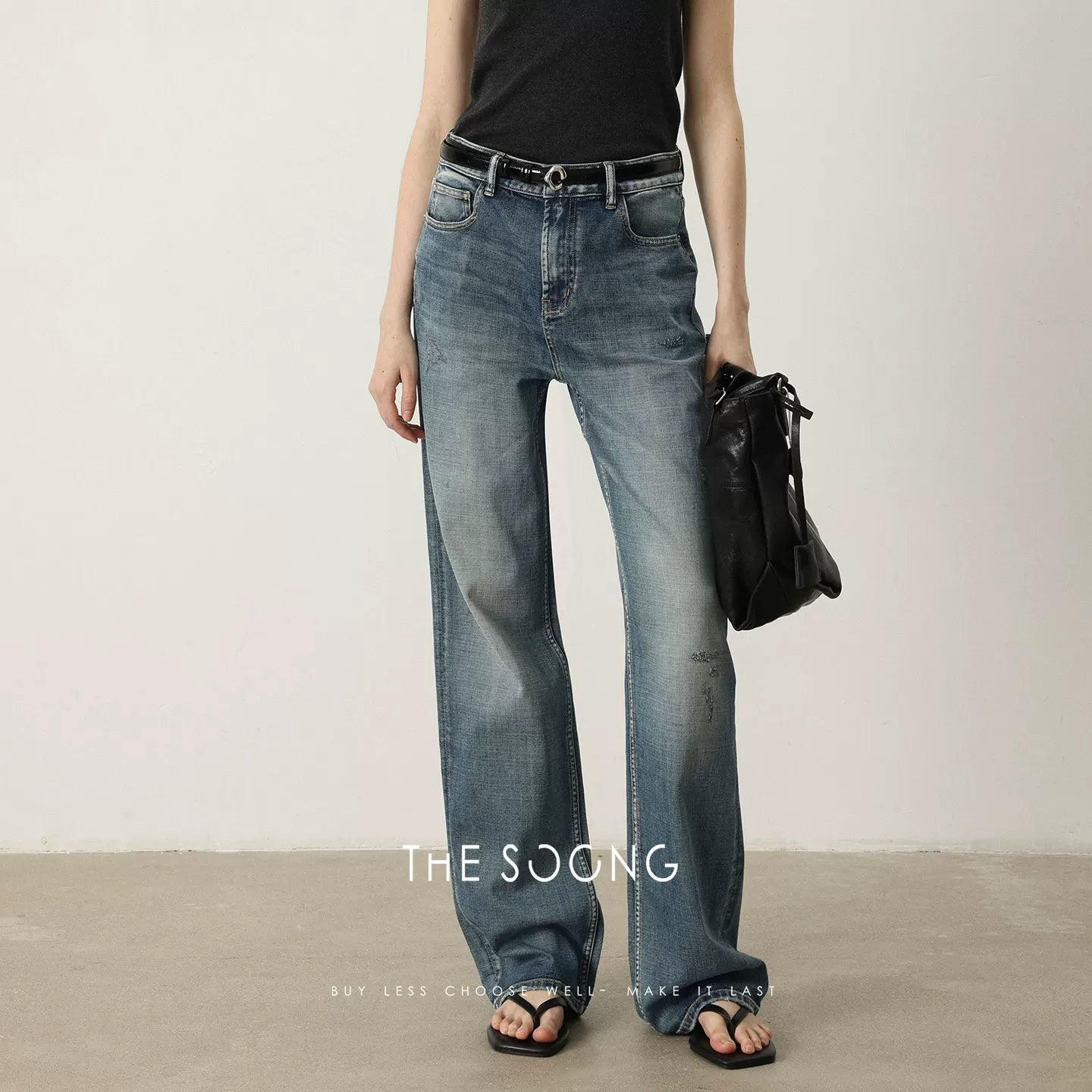 THESOONG / Italian Imported Denim Fabric Full Wash Sanded Cat Whisker Texture Jeans 7206