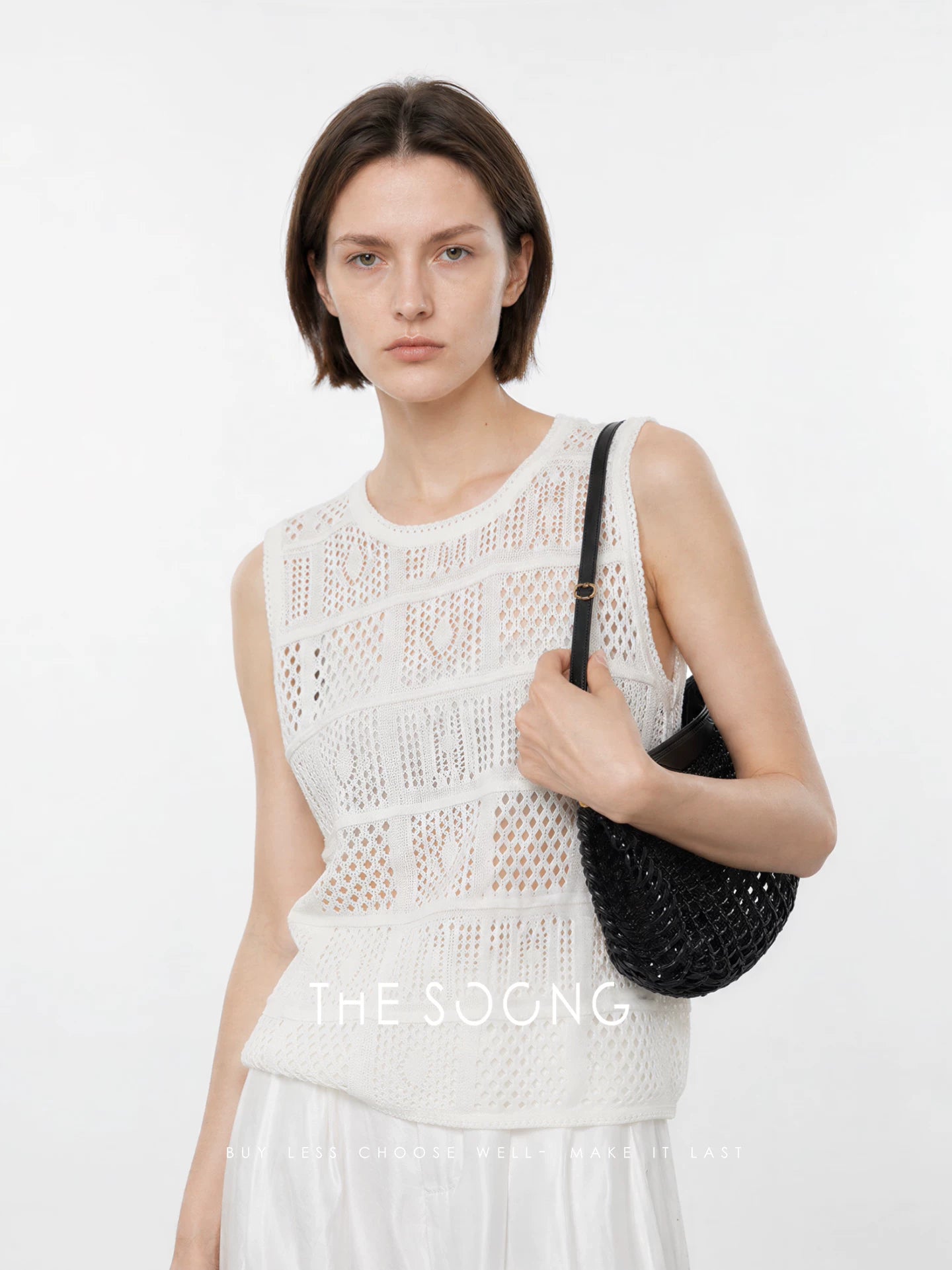THESOONG/Fine Needle Ice-Feeling Washi Yarn Hollow Jacquard Knit Vest Summer Sleeveless Top for Women 9412