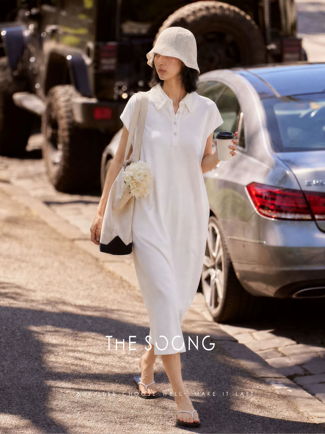 THESOONG/270g Pure Cotton Crochet Polo Collar Simple Dress for Women, Straight Loose Slim Fit HWQZ9330