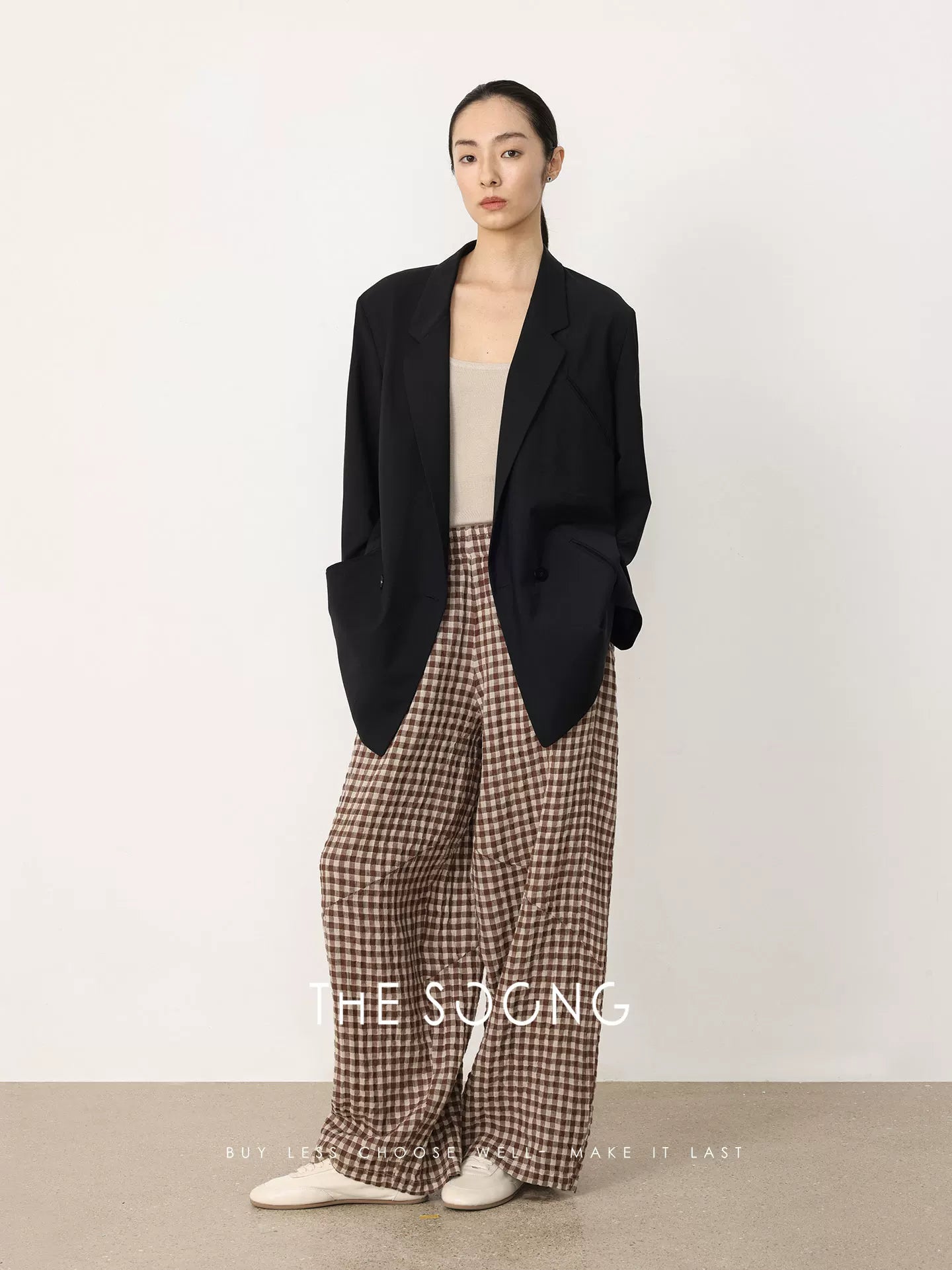 THESOONG/Artistic Plaid Casual Linen Straight Leg Pants Women's Artistic Long Pants Spring HBKZ8562