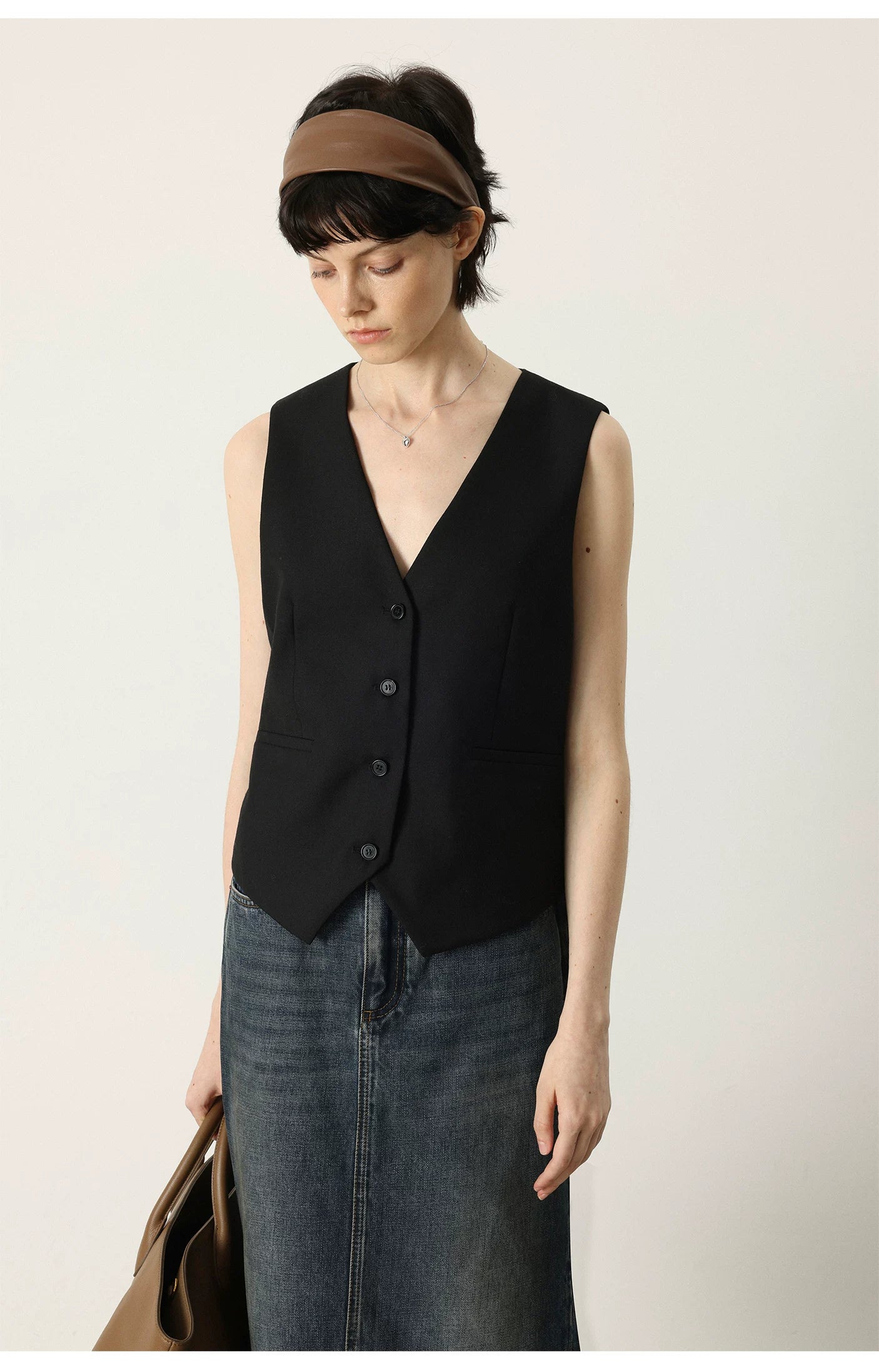 THESOONG/British Style Soft and Delicate Wool V-Neck Simple Vest Jacket for Women 7469