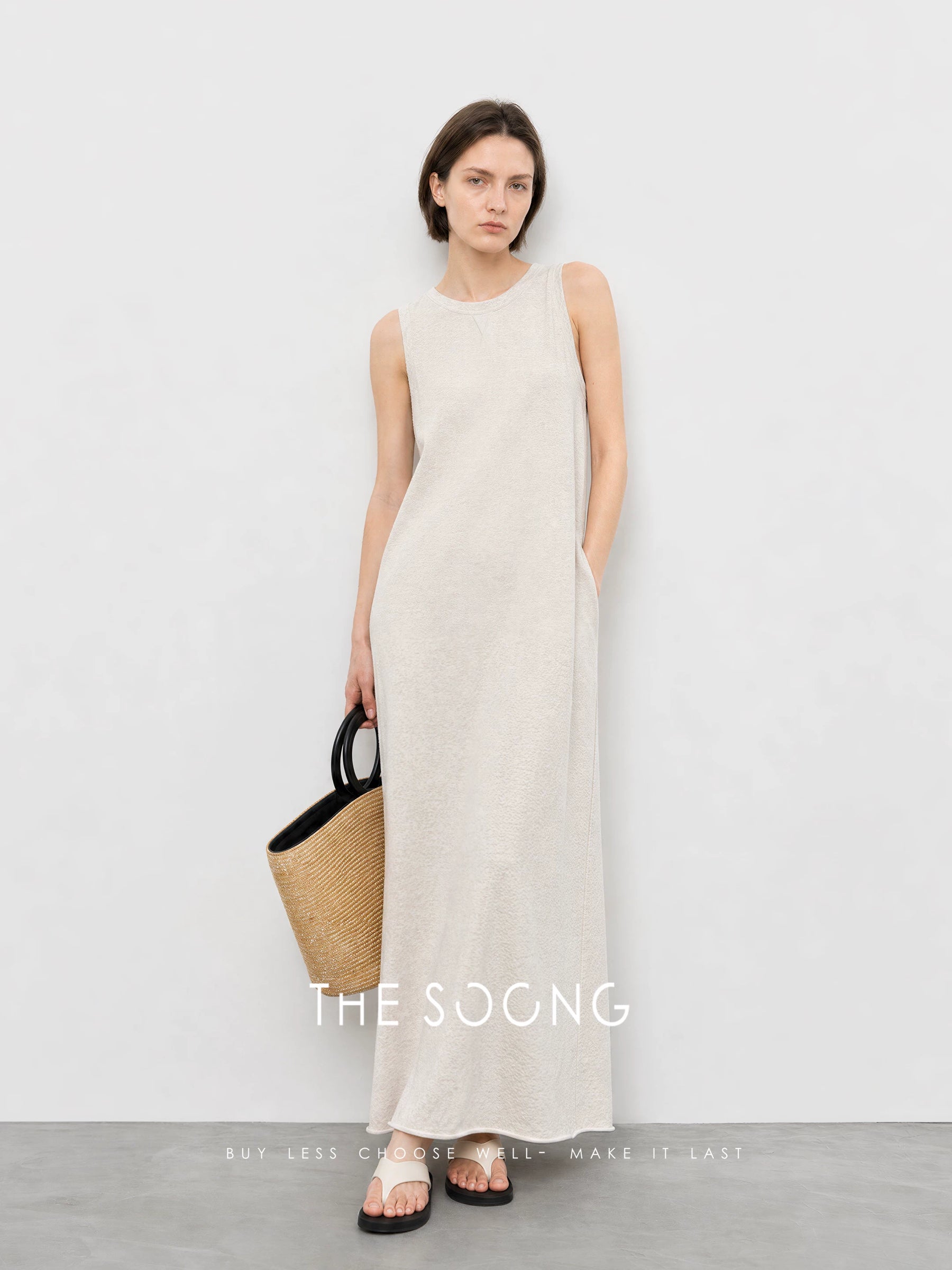 THESOONG / 280G cotton sleeveless vest dress for women, summer long straight slim-fit dress with slit HWQZ9328