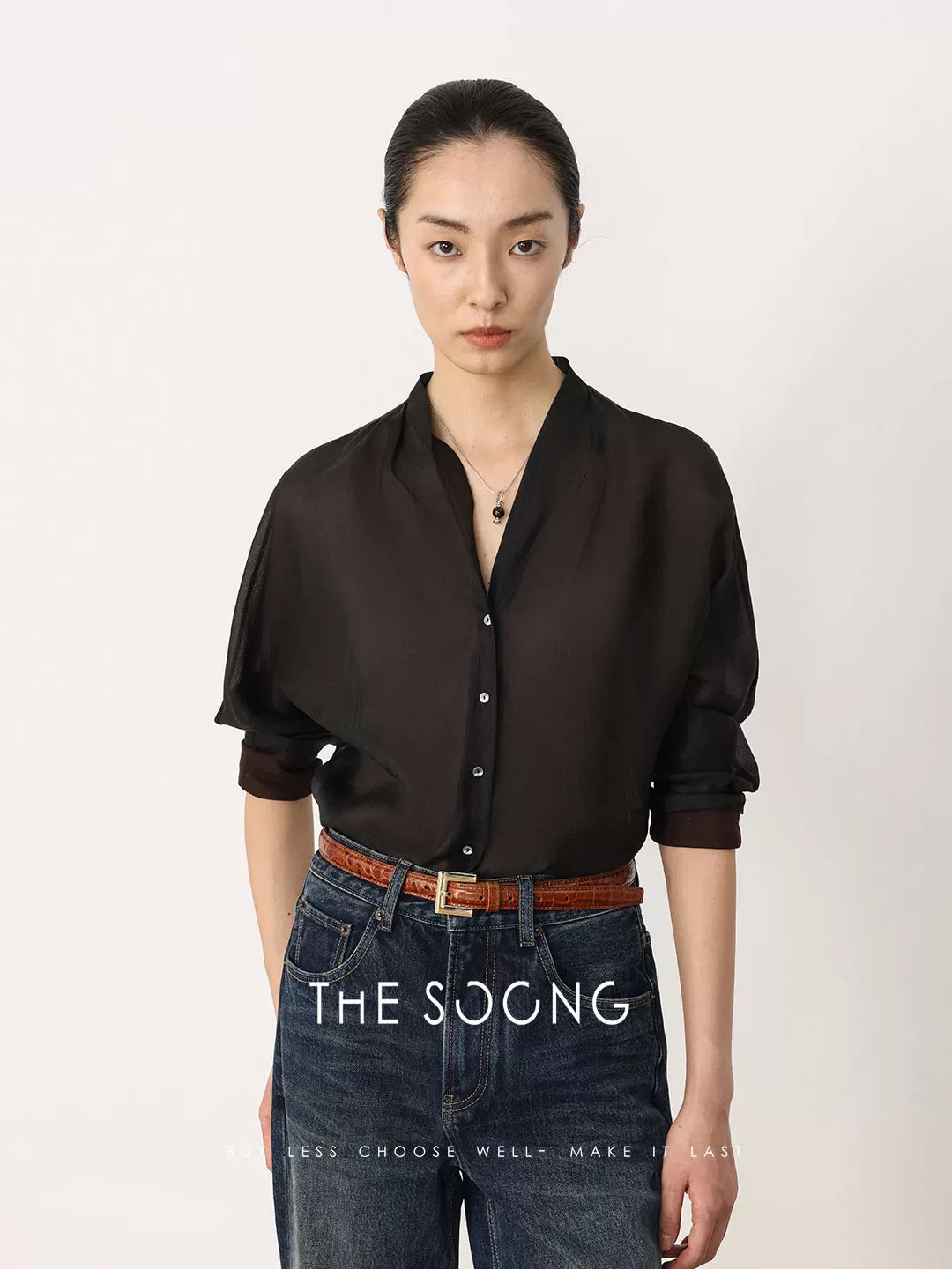 THESOONG / 100% mulberry silk long-sleeve shirt for women, slightly sheer, sexy, slim-fitting V-neck top HWCS8665