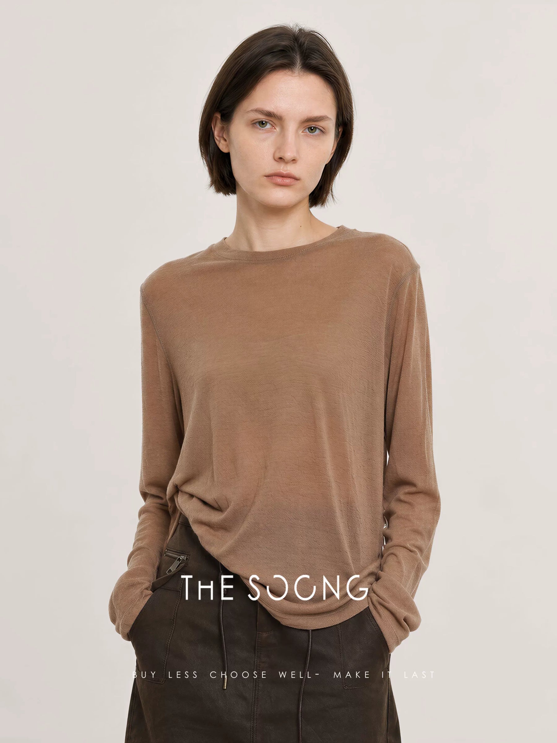 THESOONG/Tactile Aesthetics: 100% Pure Wool, Finely Textured, Lightweight Crew Neck Long-Sleeve T-Shirt 8669