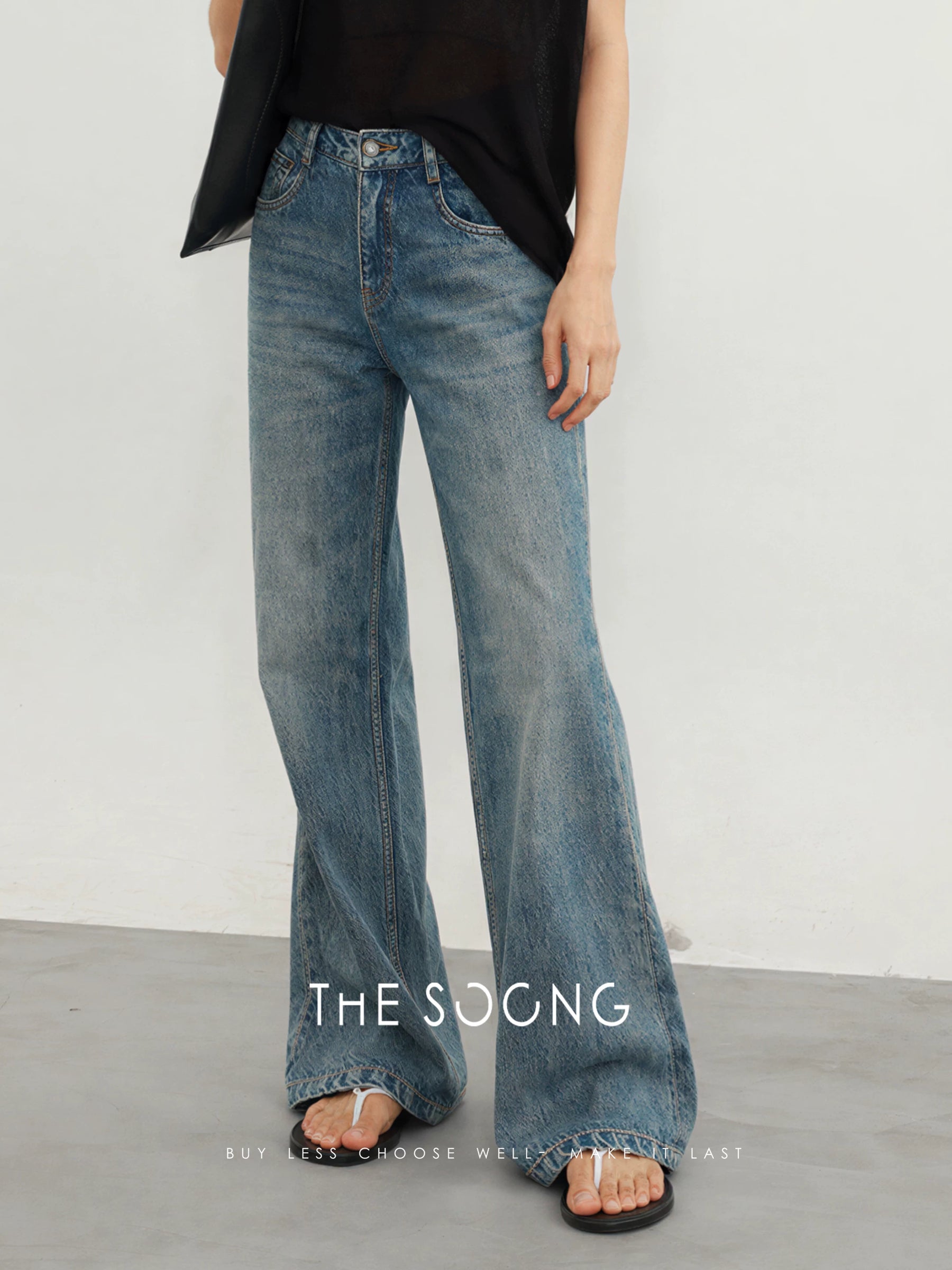 THESOONG/Classic Enzyme Washed Hand-Rubbed Cat Whisker Non-Stretch Mid-Waist Flared Jeans for Women 7325