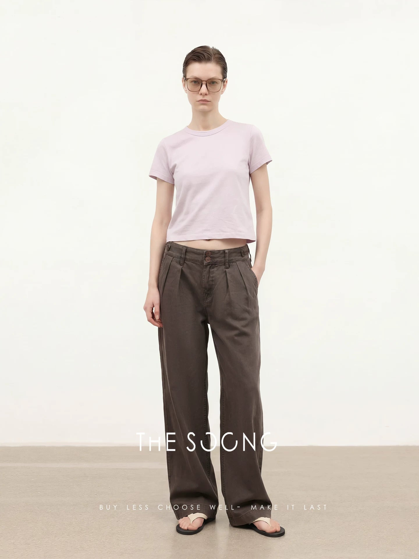 THESOONG/Relaxed Silhouette 100% Cotton Dark Gray Coffee Tone Double Activated Pleated Wide-Leg Jeans, Women 7634