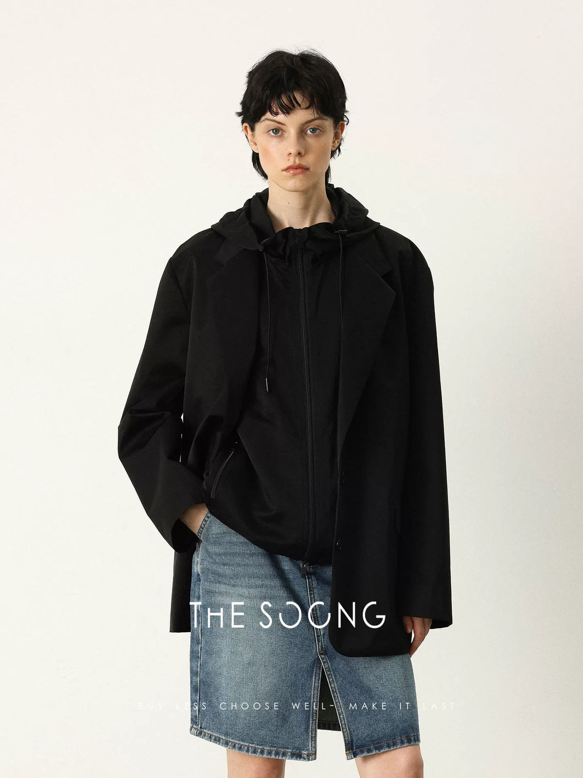 THESOONG/Classic black ink rock dyed layered symbiotic silhouette detachable true two-piece set jacket for women 7444