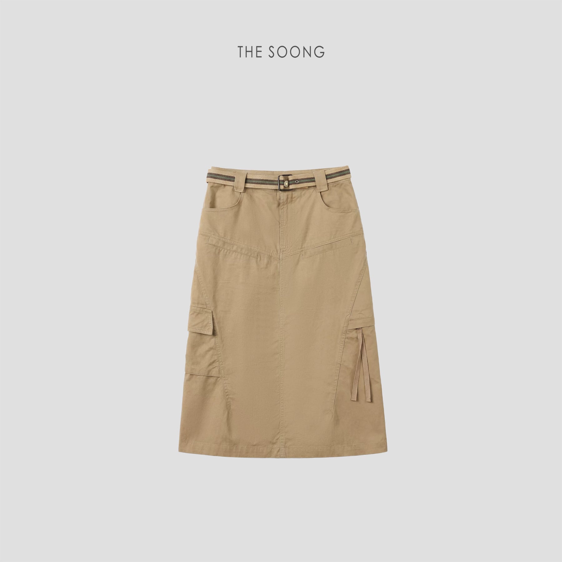 THESOONG/Soft Mist Workwear 100% Cotton Six-Pocket Functional Belted Mid-Length Straight Skirt 8957