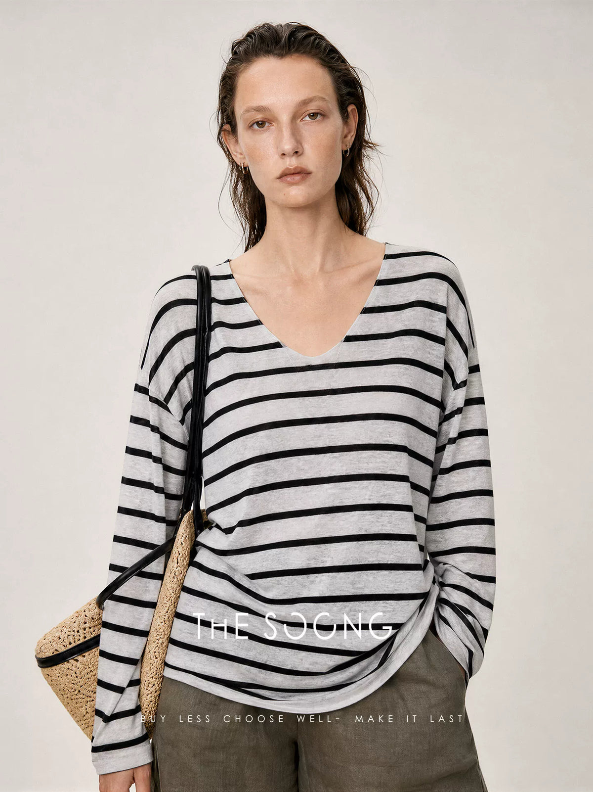 THESOONG/French Lazy Linen Blend V-Neck Striped Loose Breathable Thin Knitwear Jacket for Women 9127