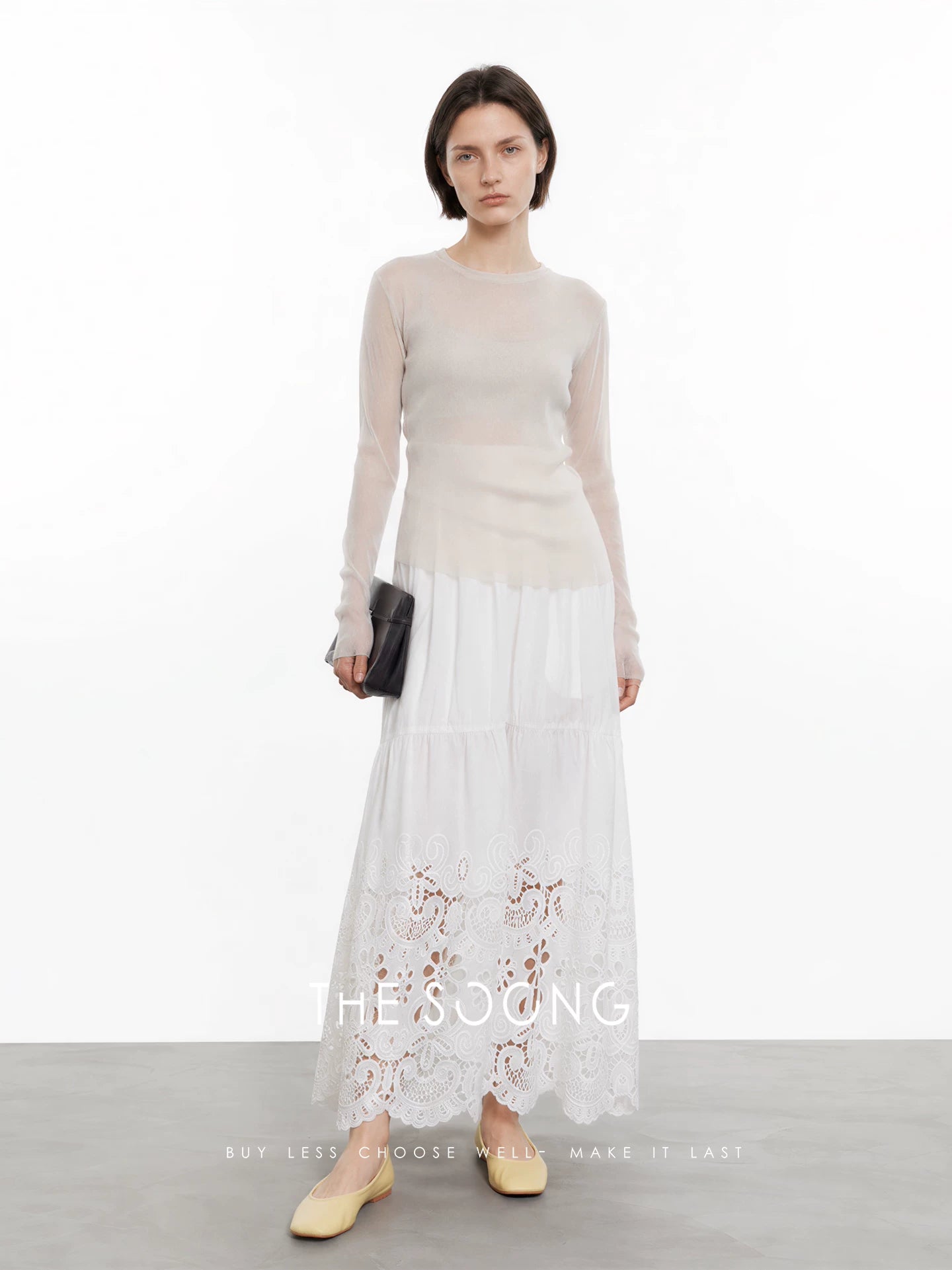 THESOONG/White ramie cotton water-soluble hollow-out embroidered midi skirt for women, high-waisted slimming A-line long skirt 9414