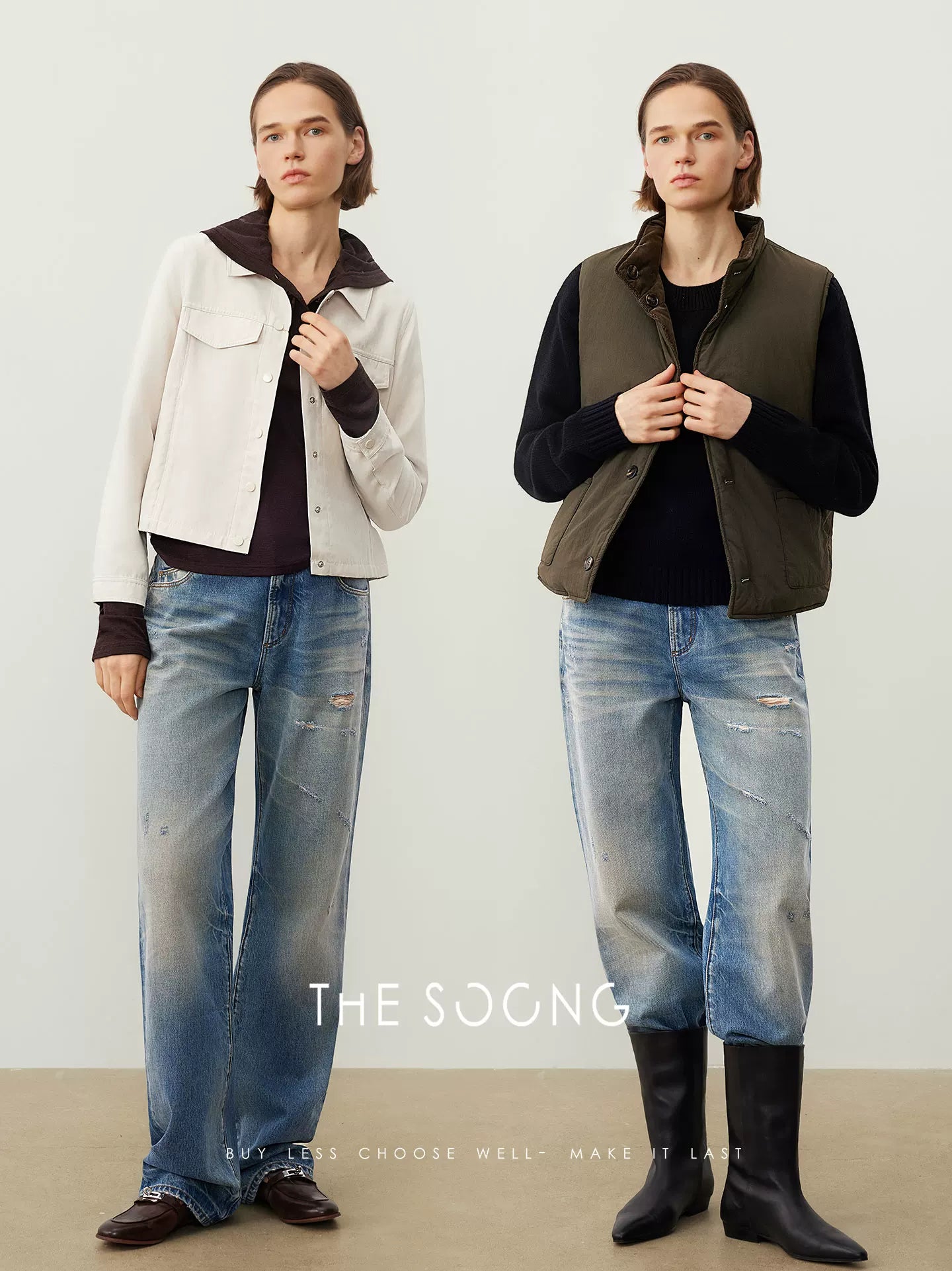 THESOONG/Medieval Distressed Vintage Straight-Leg Jeans Women's Washed Matte White, Non-Stretch Pants HBNZ7473