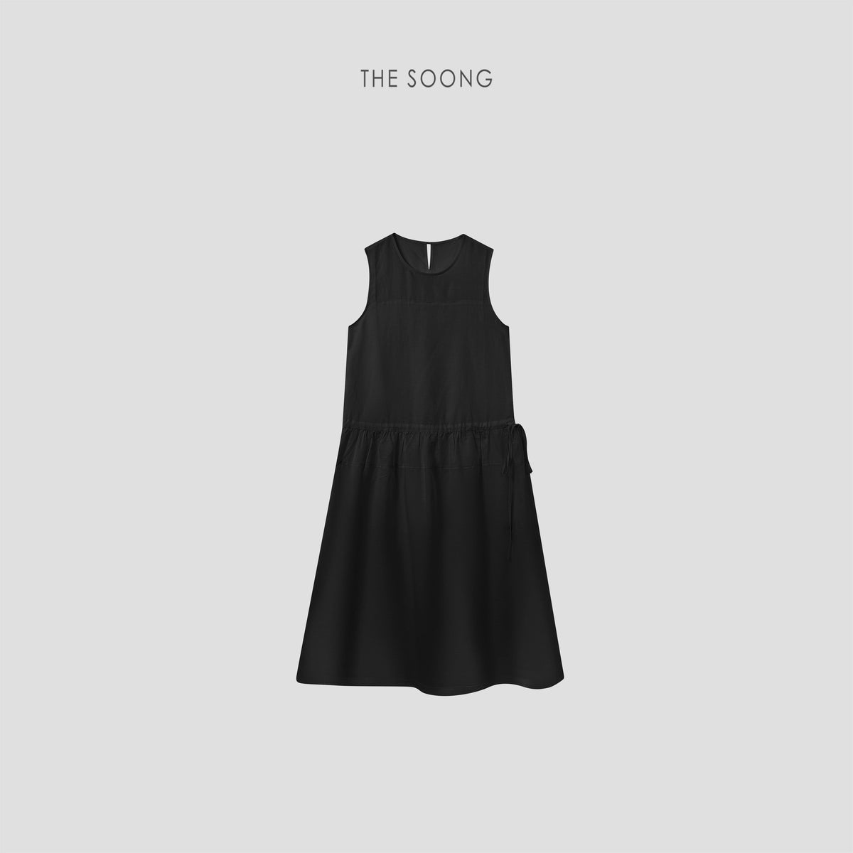 THESOONG/Summer Linen-Cotton Tencel Drawstring Waist-Cinching Black-and-White Sleeveless Dress for Women HWQZ9370