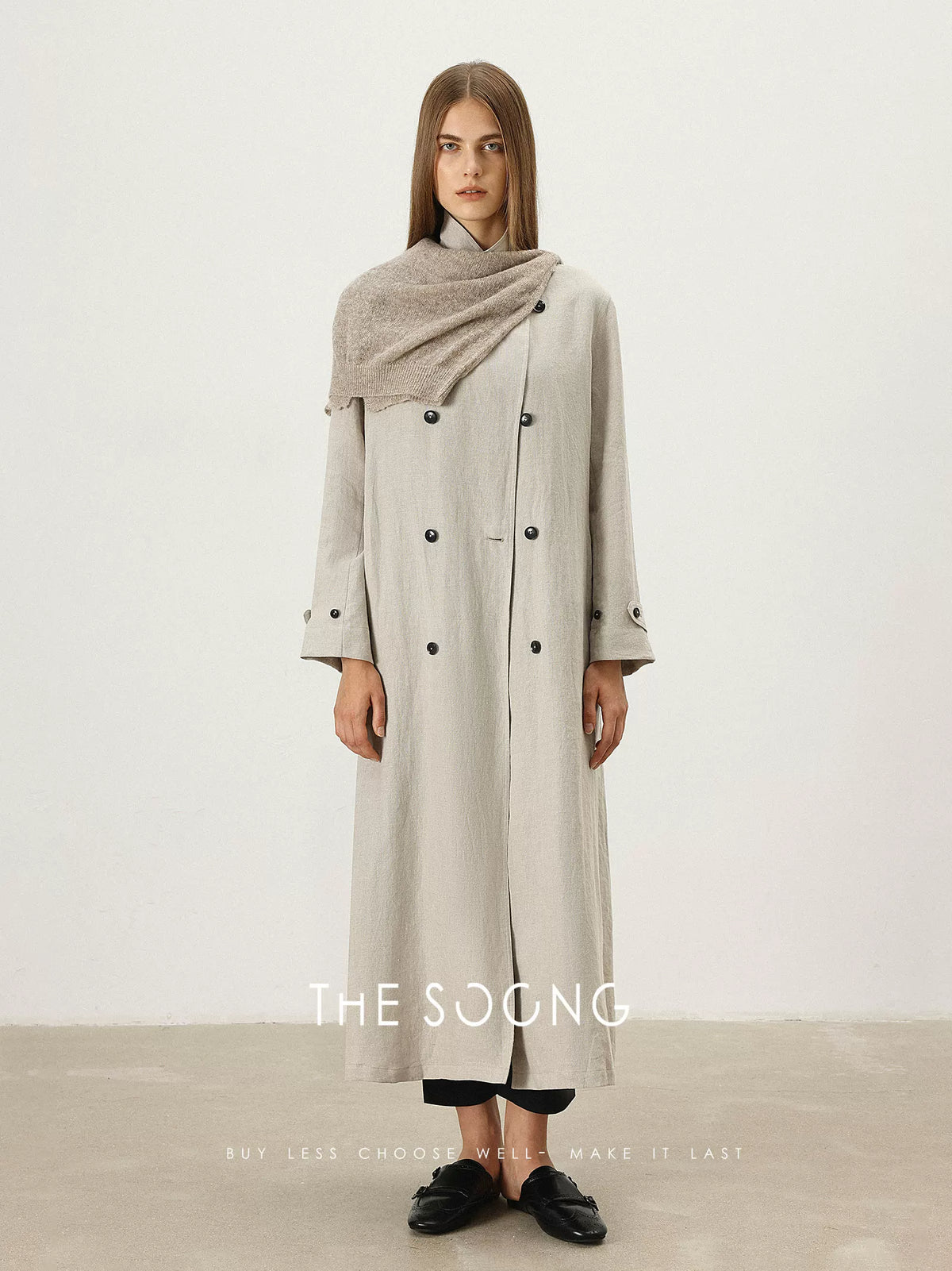 THESOONG/Elegant self-consistency pure natural linen quiet luxury skin-feel blazer-collar long trench coat for women 7193