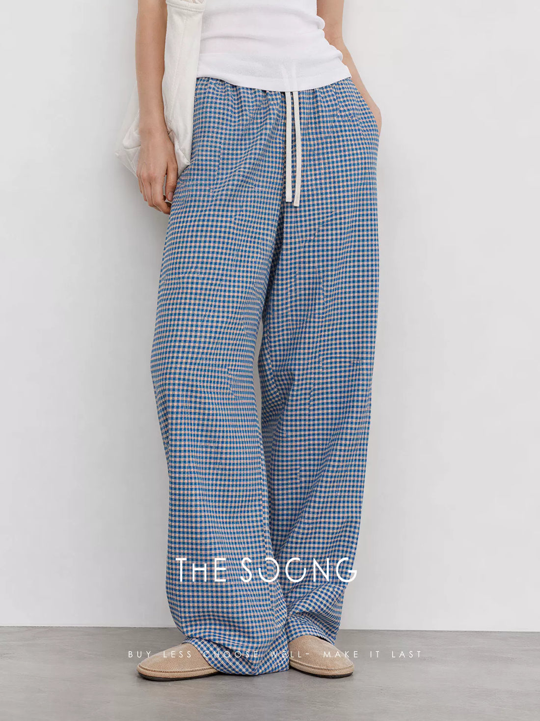 THESOONG/蓝白格纹再生纤维素阔腿裤女夏季高腰垂感长裤HWKZ9372