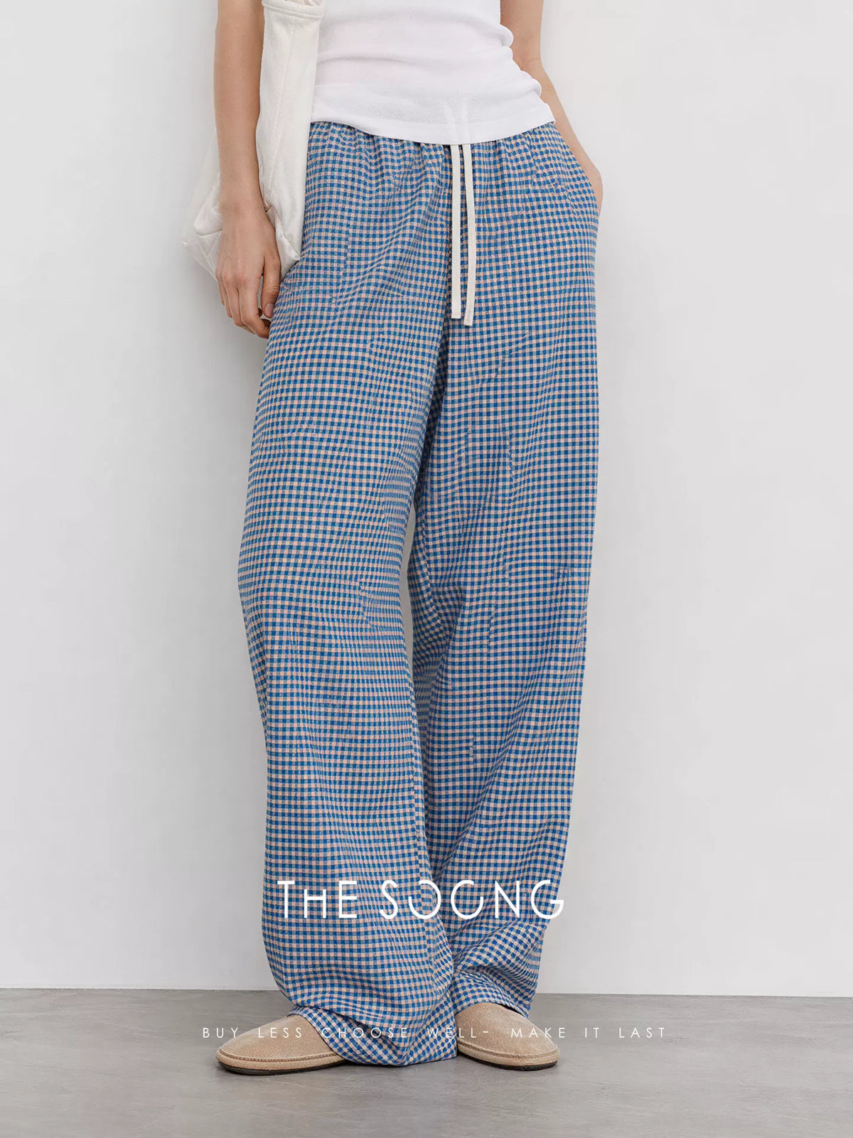 THESOONG/Blue/White Plaid Recycled Cellulose Wide-Leg Pants for Women, Summer High-Waisted Drape Pants HWKZ9372