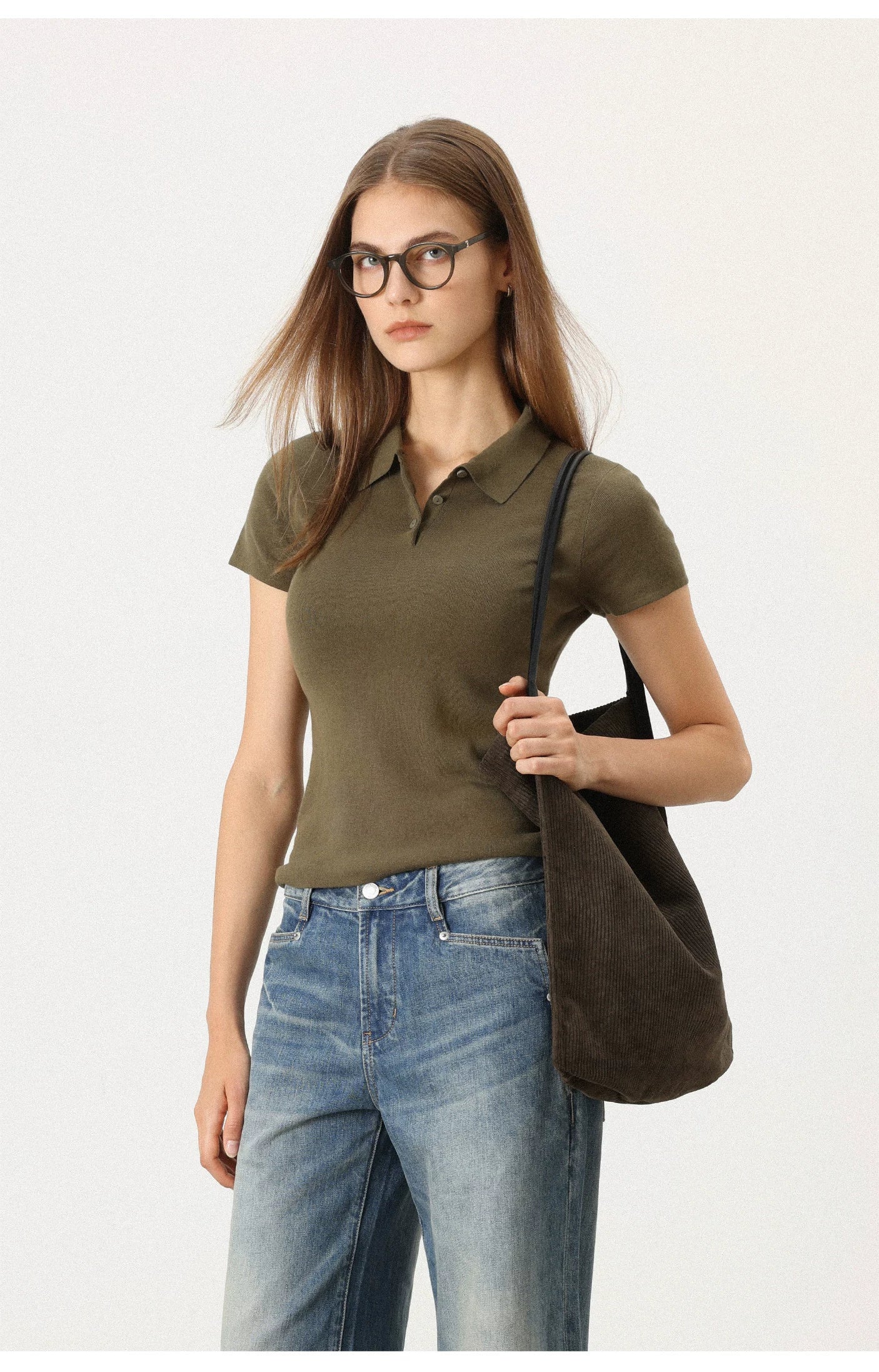 THESOONG / 100% pure cotton double-yarn interwoven women's short sleeve T-shirt, versatile polo Henry shirt 7375