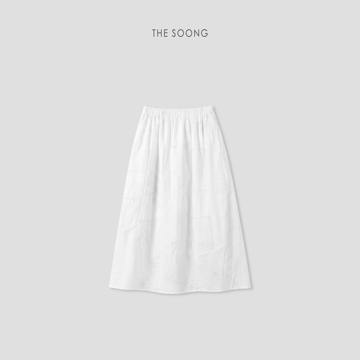 THESOONG/Free Breathing Summer 100% Ramie Lightweight Woven Lace-Trim Elastic Waist Skirt 8629