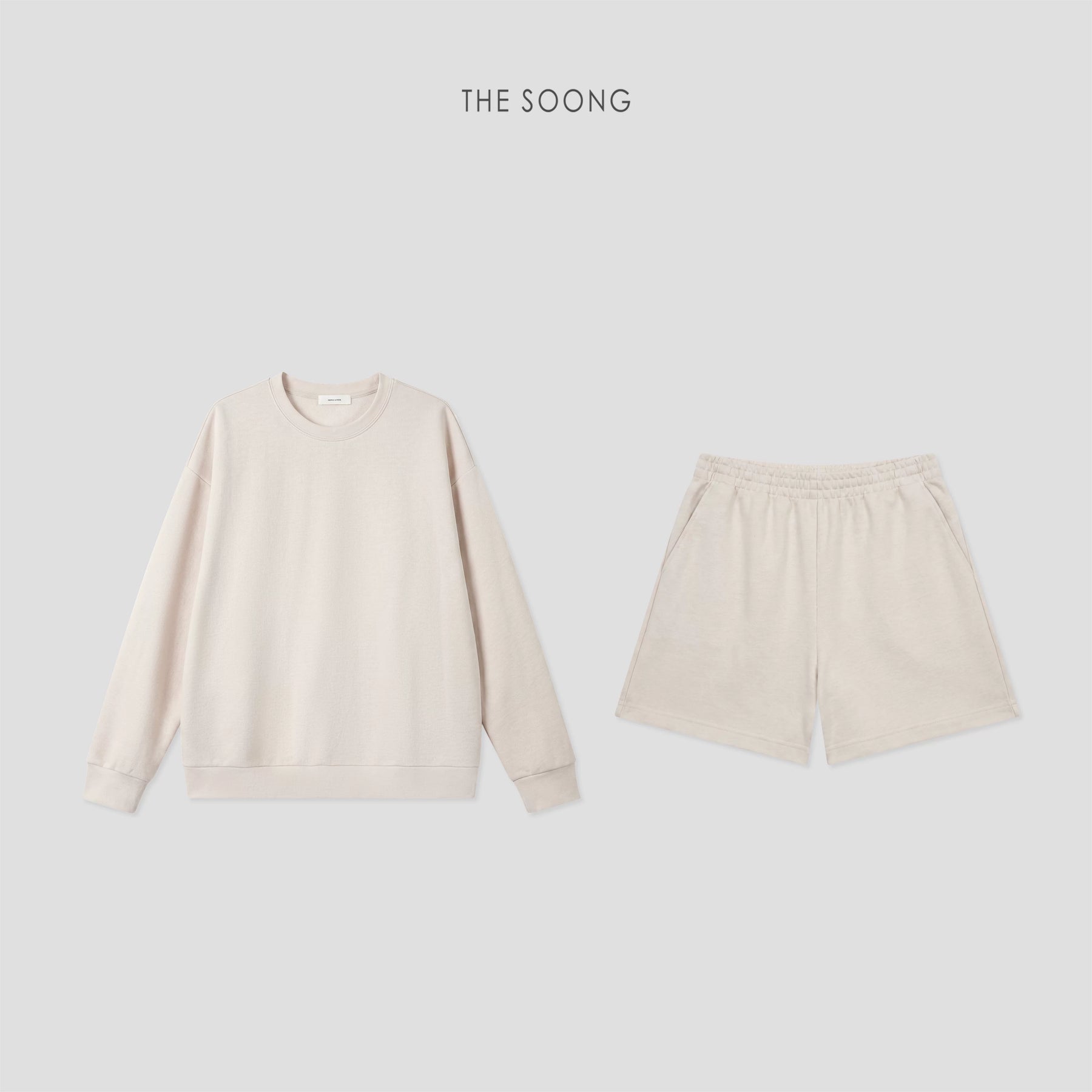 THESOONG/Relaxed Daily, Textured Round-Neck Dropped Shoulder Sweatshirt and Shorts Set for Women 8864