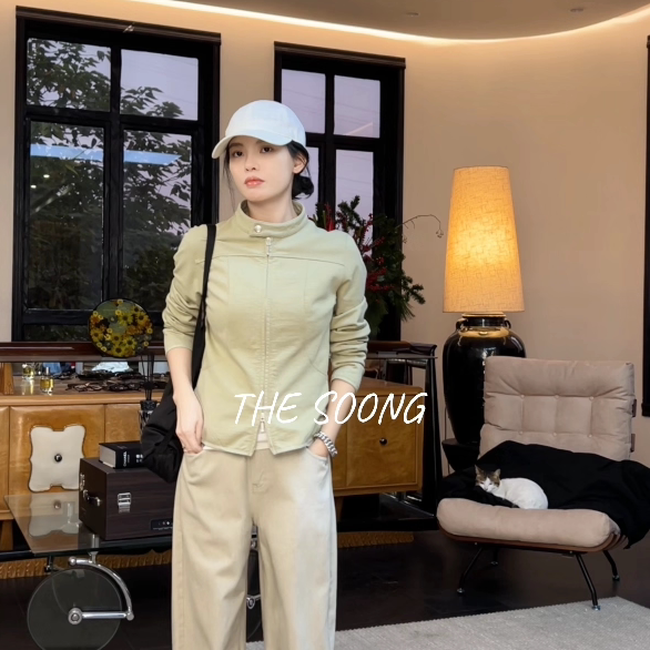 THESOONG / 'Draped shaping' 26s early spring 100% pure cotton skin-friendly linear stand collar jacket for women 7854