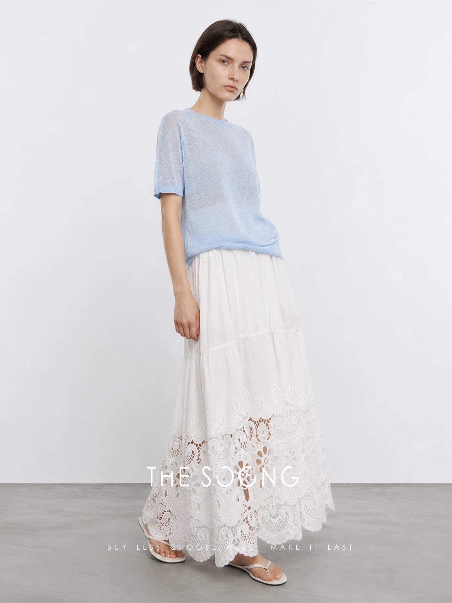 THESOONG/White ramie cotton water-soluble hollow-out embroidered midi skirt for women, high-waisted slimming A-line long skirt 9414