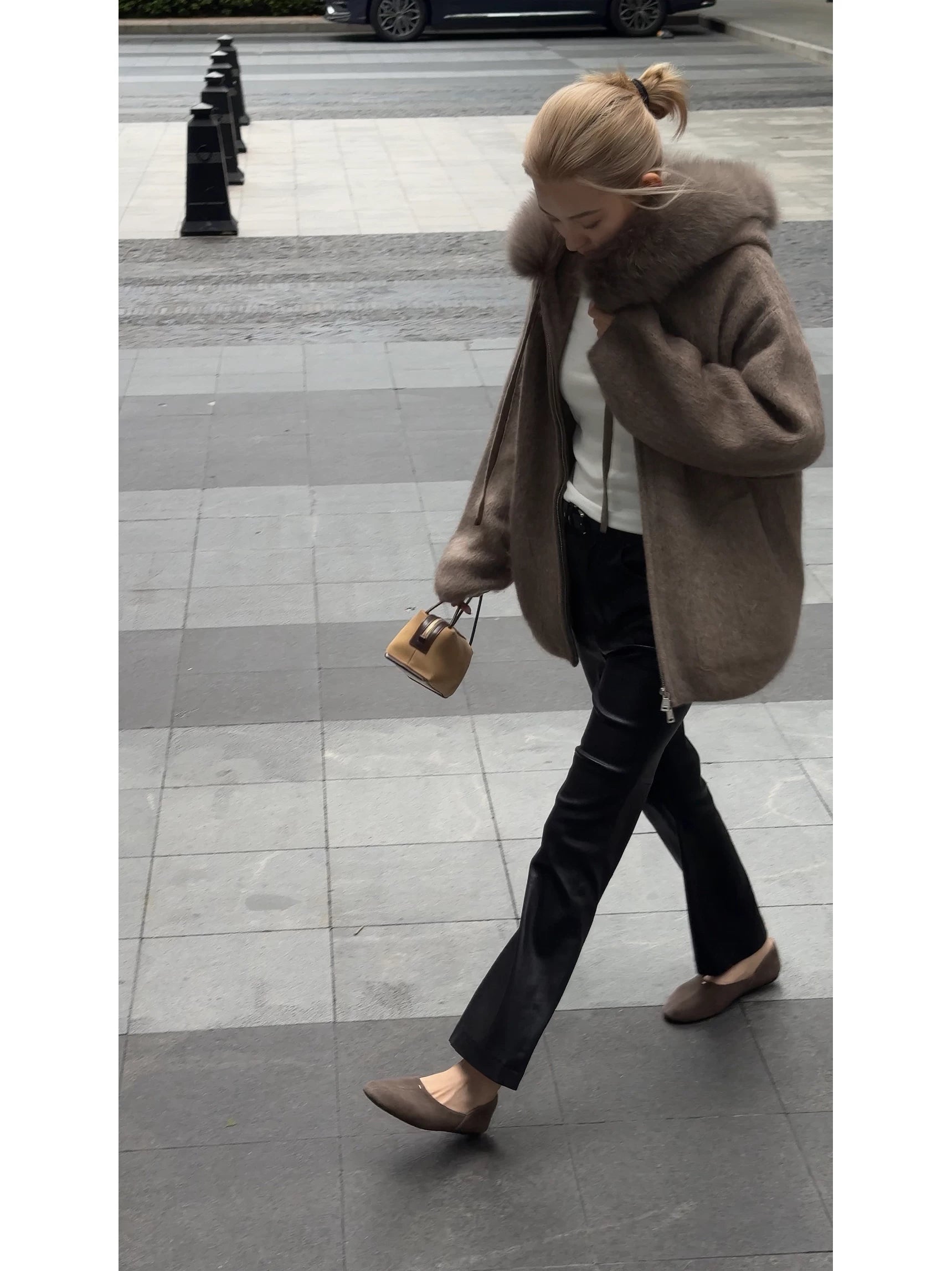 THESOONG/matte sharpness, selected imported British sheepskin high-waist slight-flare women’s leather pants 9145