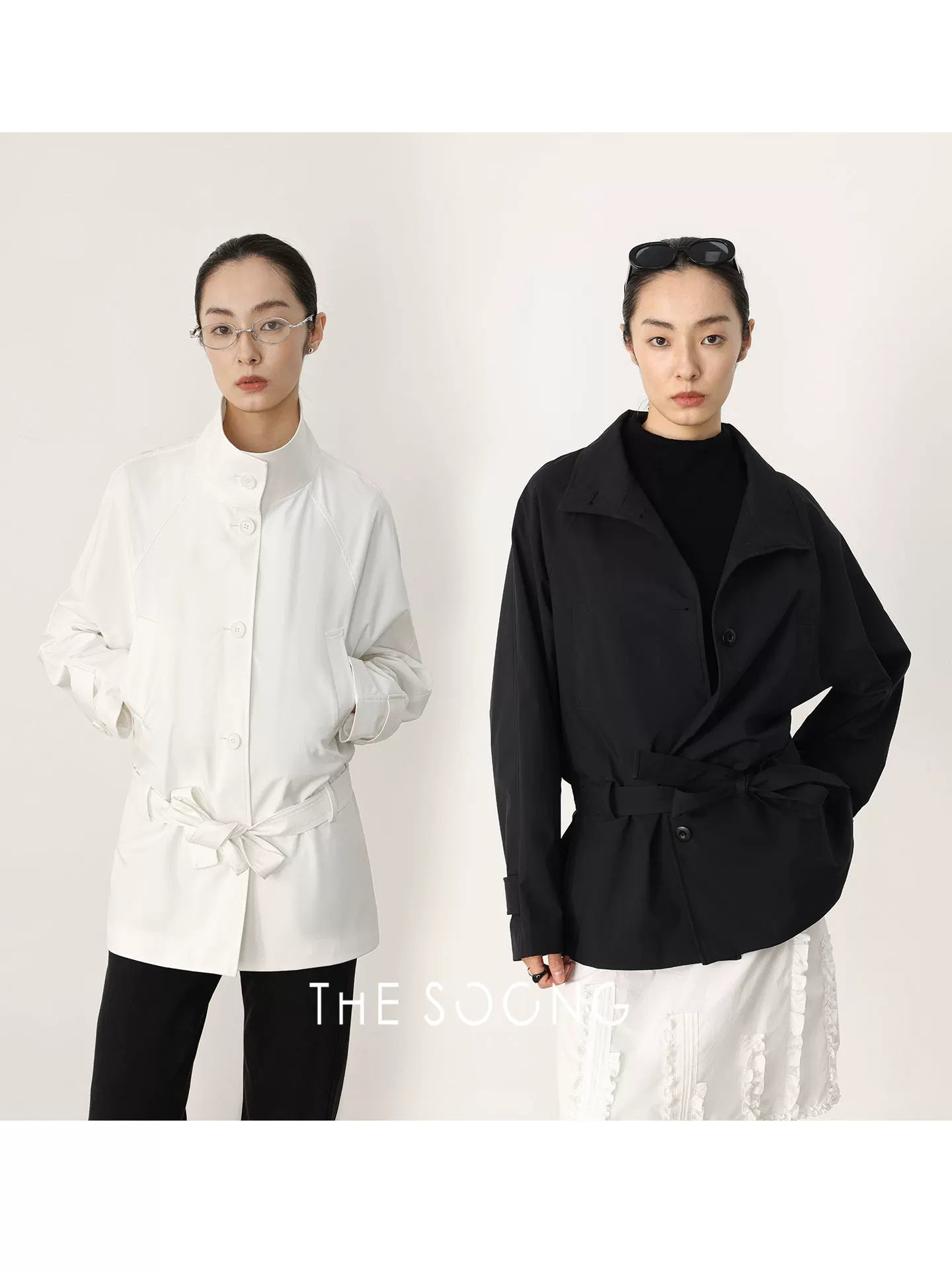 THESOONG/Early Spring New Minimalist Style Line-Sense Stand Collar Adjustable Waist Trench Coat HWWT8644