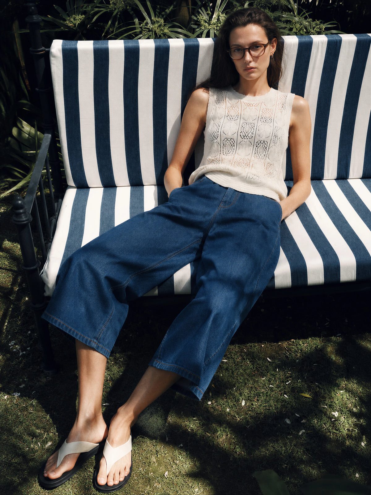 THESOONG/Japanese rope-dye indigo 9-oz stretch Lycra summer thin cropped wide-leg jeans for women