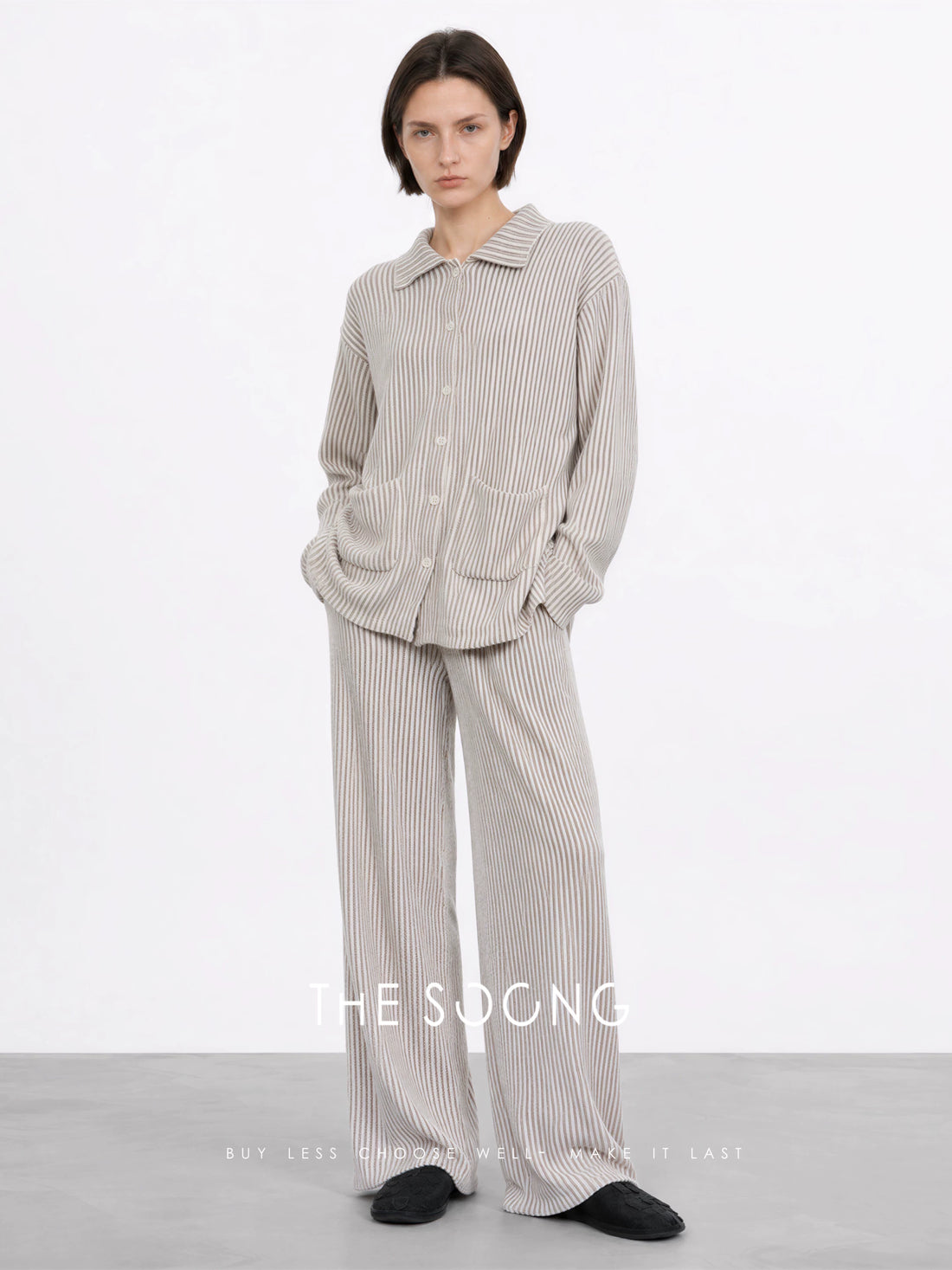 THESOONG/极简条纹 复古小尼绒双色纱条纹居家睡衣套装8114/8116