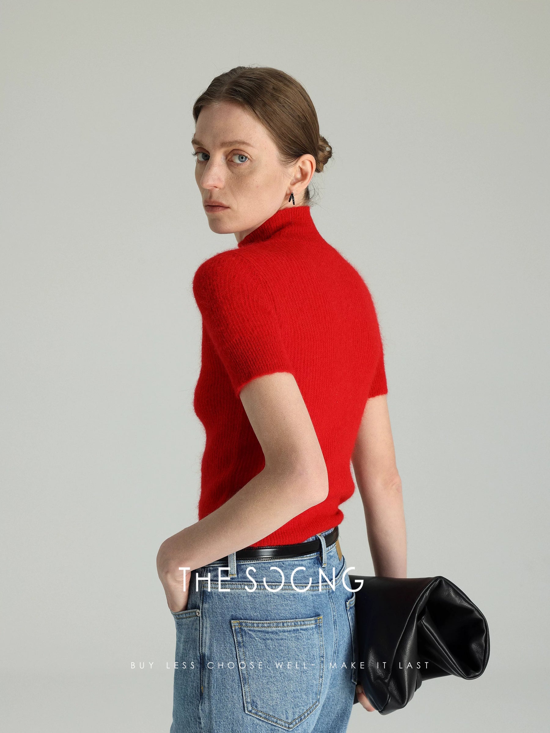 THESOONG/ 25th Anniversary Early Spring Series Alpaca Soft Semi-high Neck Plush Women's Short Sleeve Sweater 6202