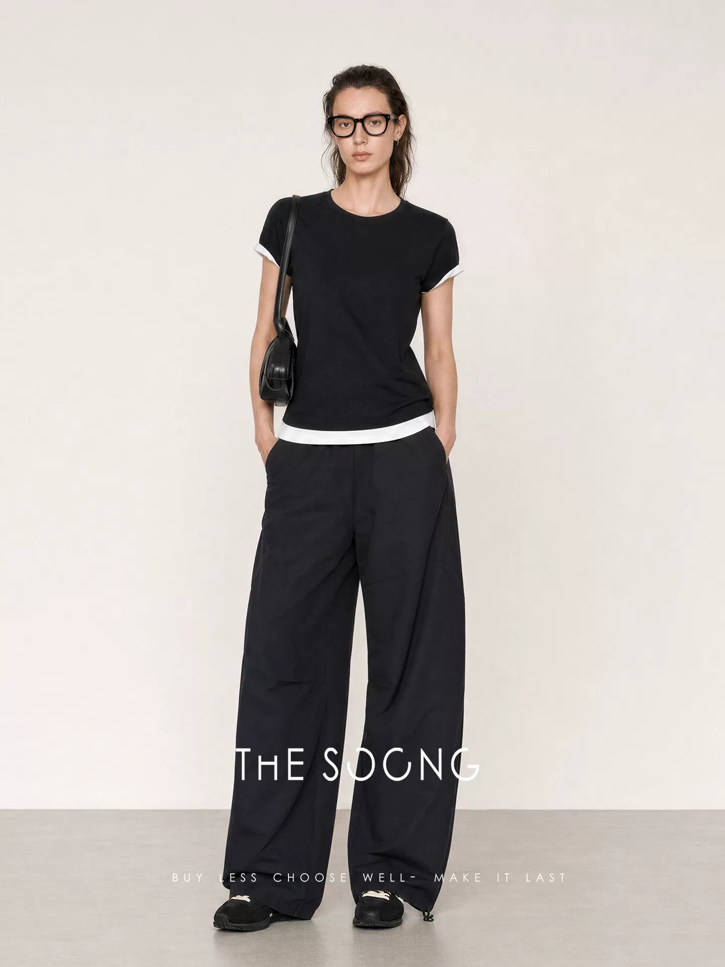 THESOONG / Minimal Layer High-quality Anti-deformation Slim Black and White Color-block False Two-piece T-shirt Women Summer 7683