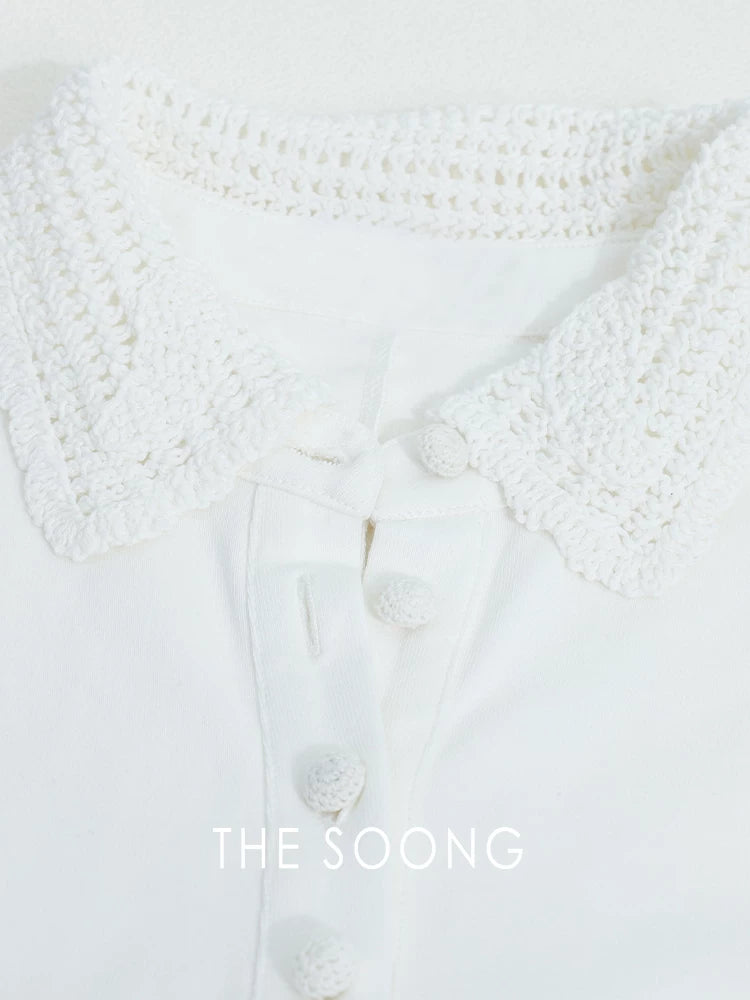 THESOONG/270g Pure Cotton Crochet Polo Collar Simple Dress for Women, Straight Loose Slim Fit HWQZ9330