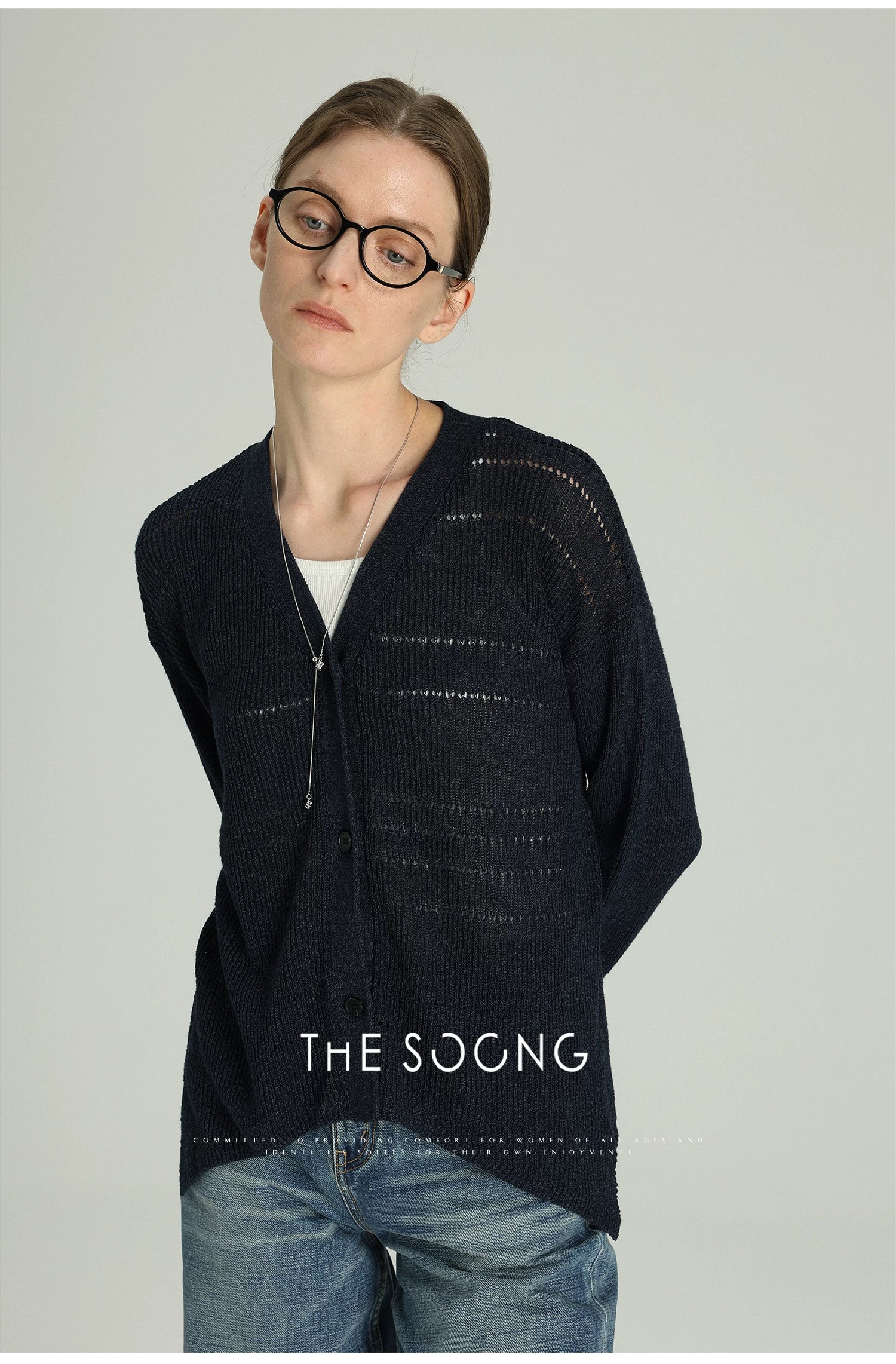 THESOONG/Leisure Time, Lyocell Hollow Ribbed V-Neck Dropped Shoulder Cardigan Jacket 6487