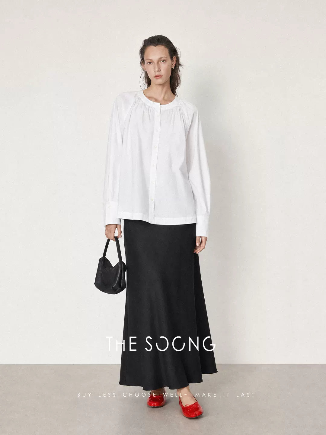 THESOONG/French romance imported 100% cotton poplin pleated summer round neck long sleeve shirt for women 9138