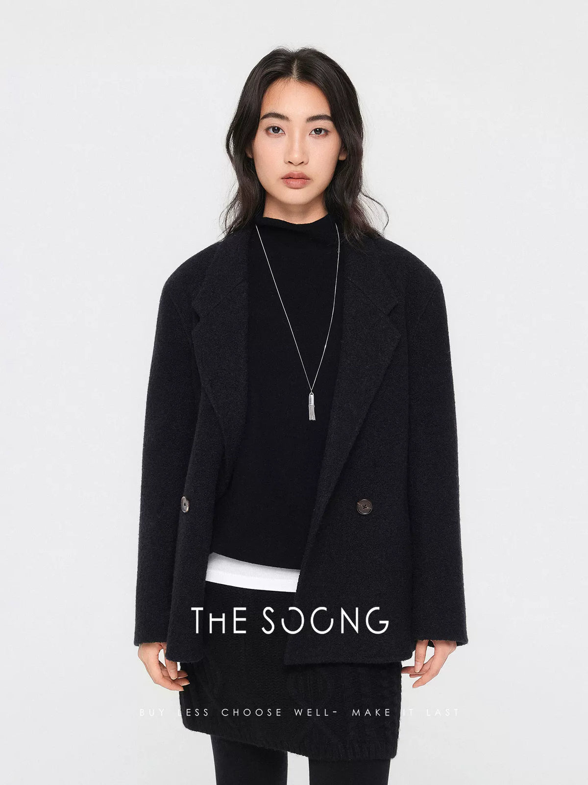 THESOONG/Autumn/Winter Black Wool Coat Women's Loose Thickened Warm Reversible Tweed Suit Jacket 7651