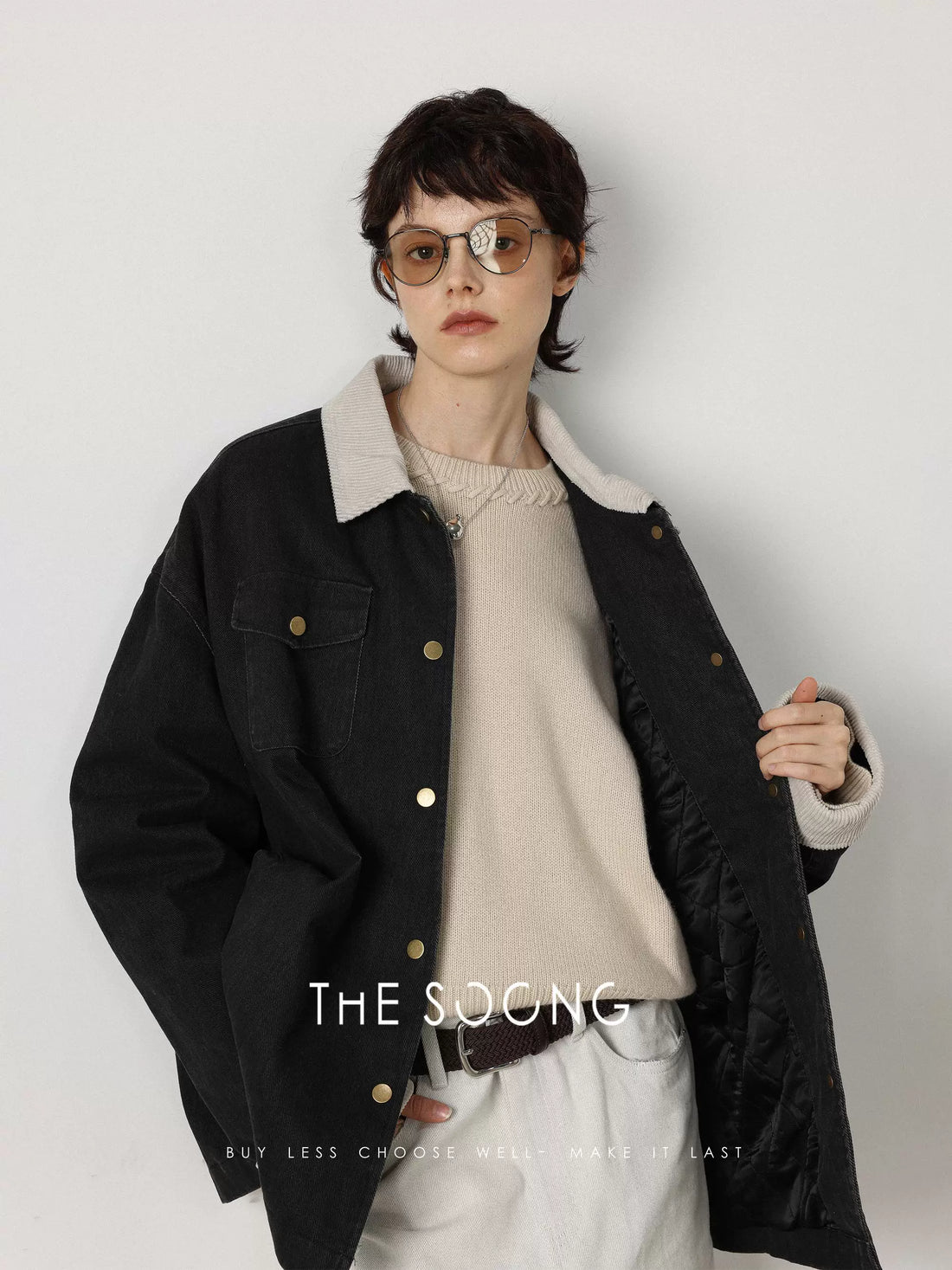 【Clearance】Film-style daily 100% cotton twill imitation contrasting rib retro collared padded denim jacket