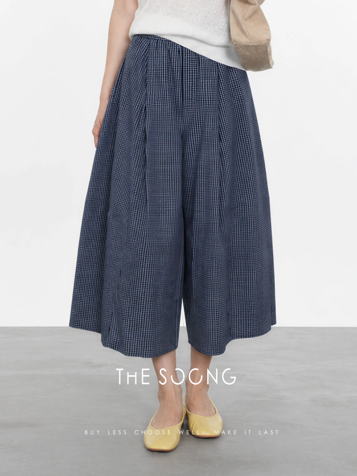 THESOONG/Classic Work 100% Cotton Tailored Linear Plaid Large-Size Women's Wide-Leg Casual Pants 8479