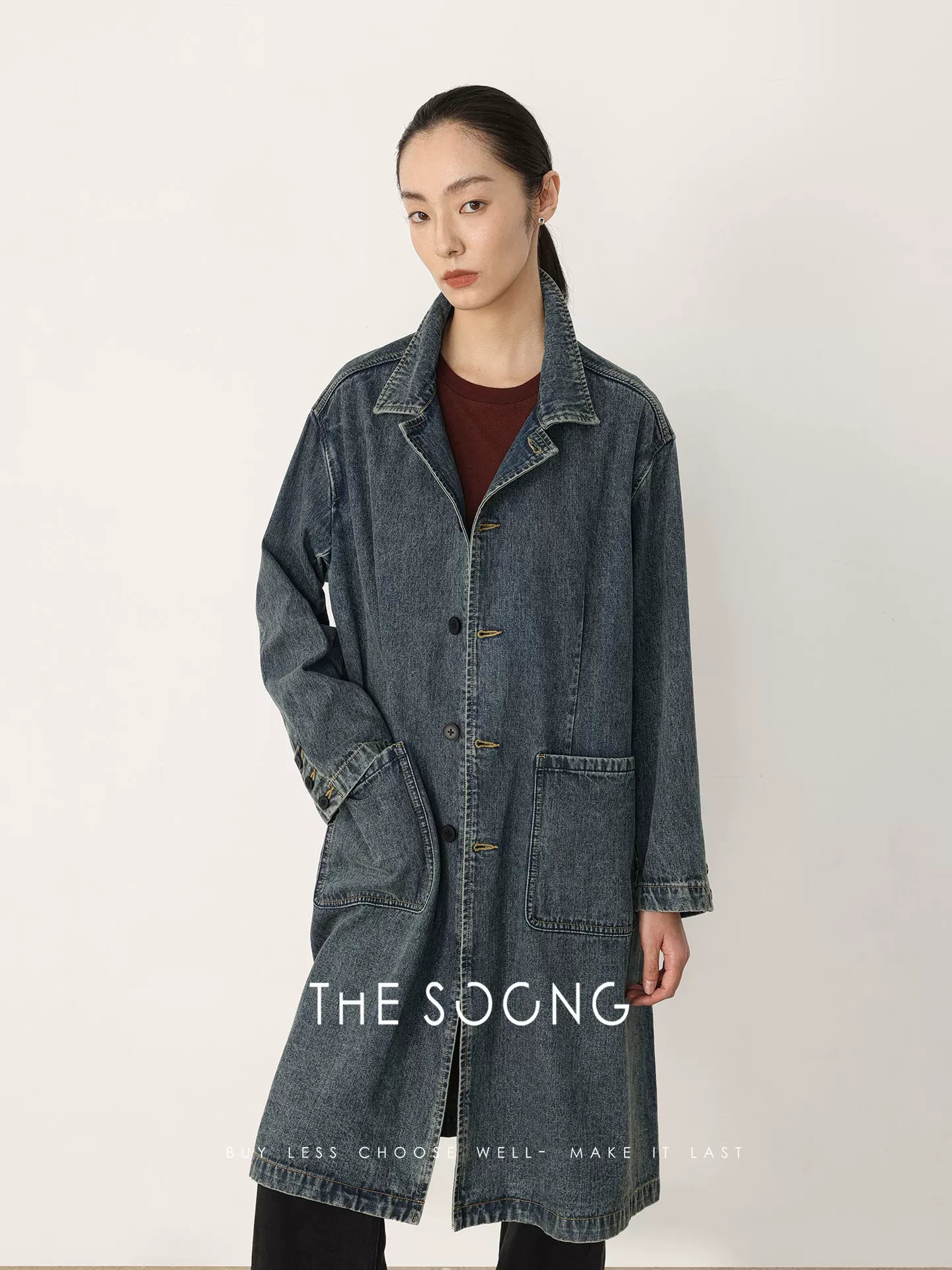 THESOONG/Spring New Long Over-the-Knee Denim Jacket Women Loose Fit Slimming Long Sleeve HBNZ8363